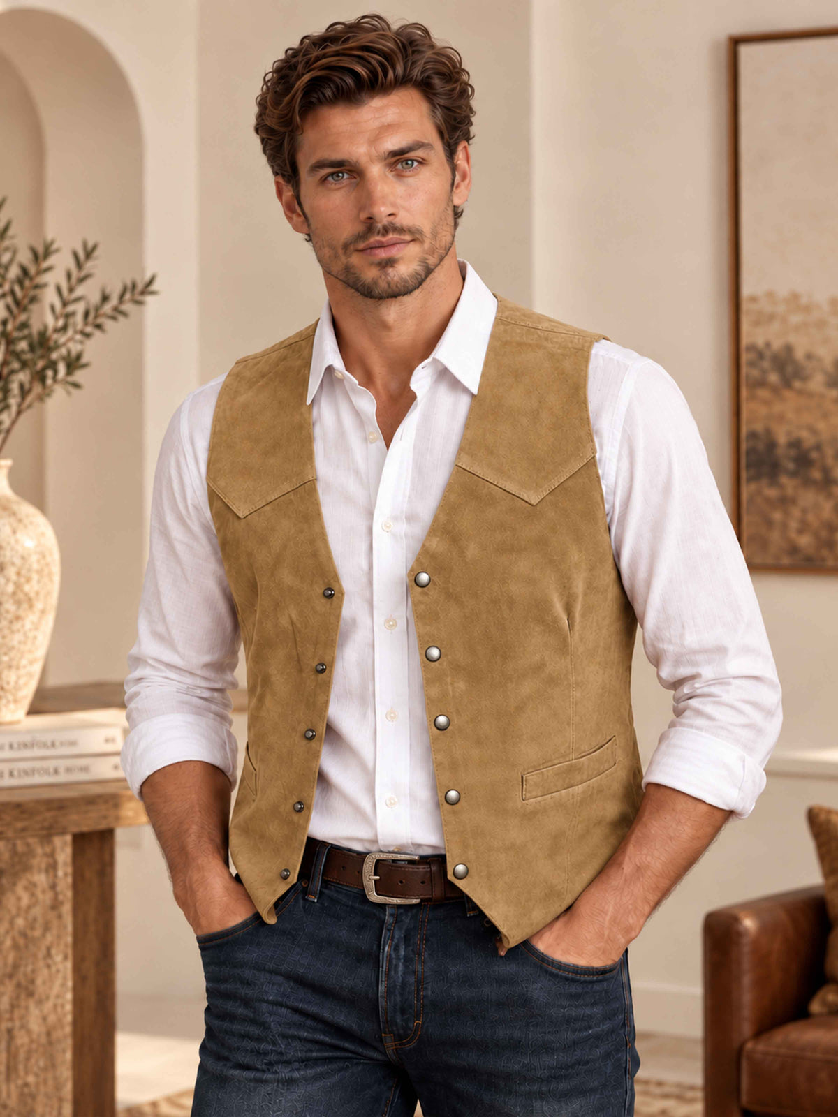 Classic Suede V Neck Button Front Men's Vest UK