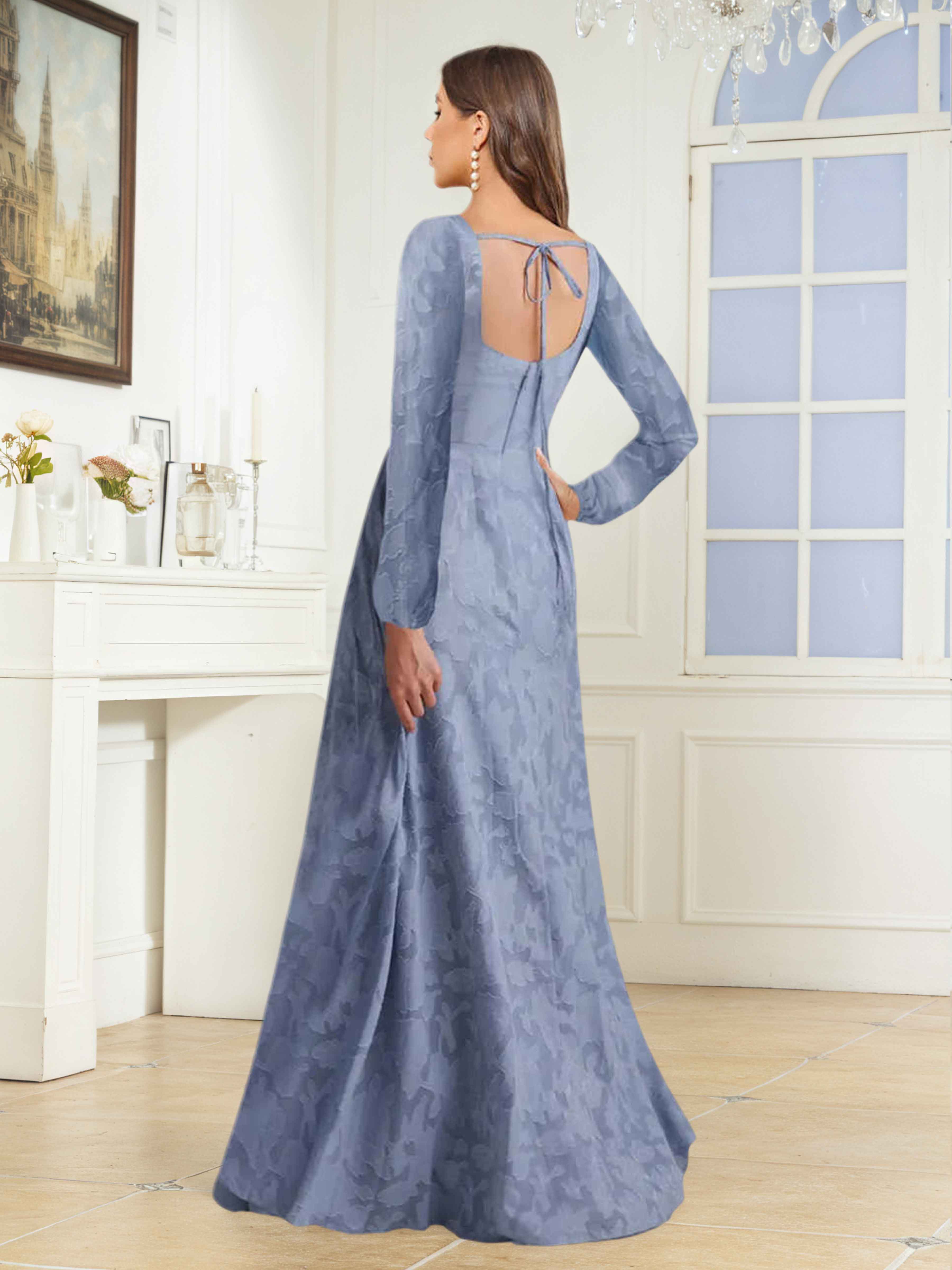 Wyneth A-Line Long Sleeves Slit Long Jacquard Mother of the Bride Dresses