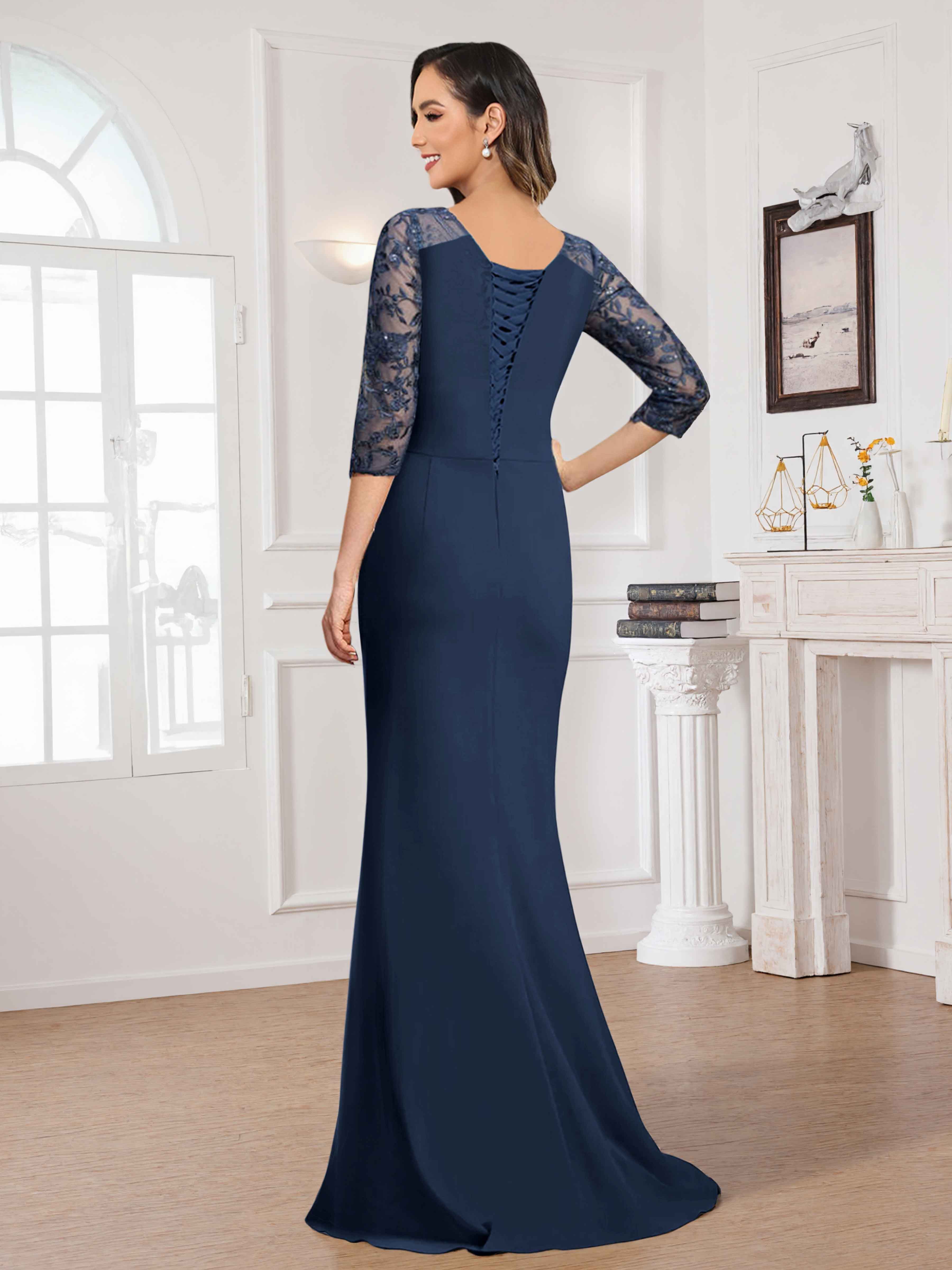 Traelwyn Elegant Scoop 3/4 Sleeves Sequins Lace Long Chiffon Mother of the Bride Dresses UK