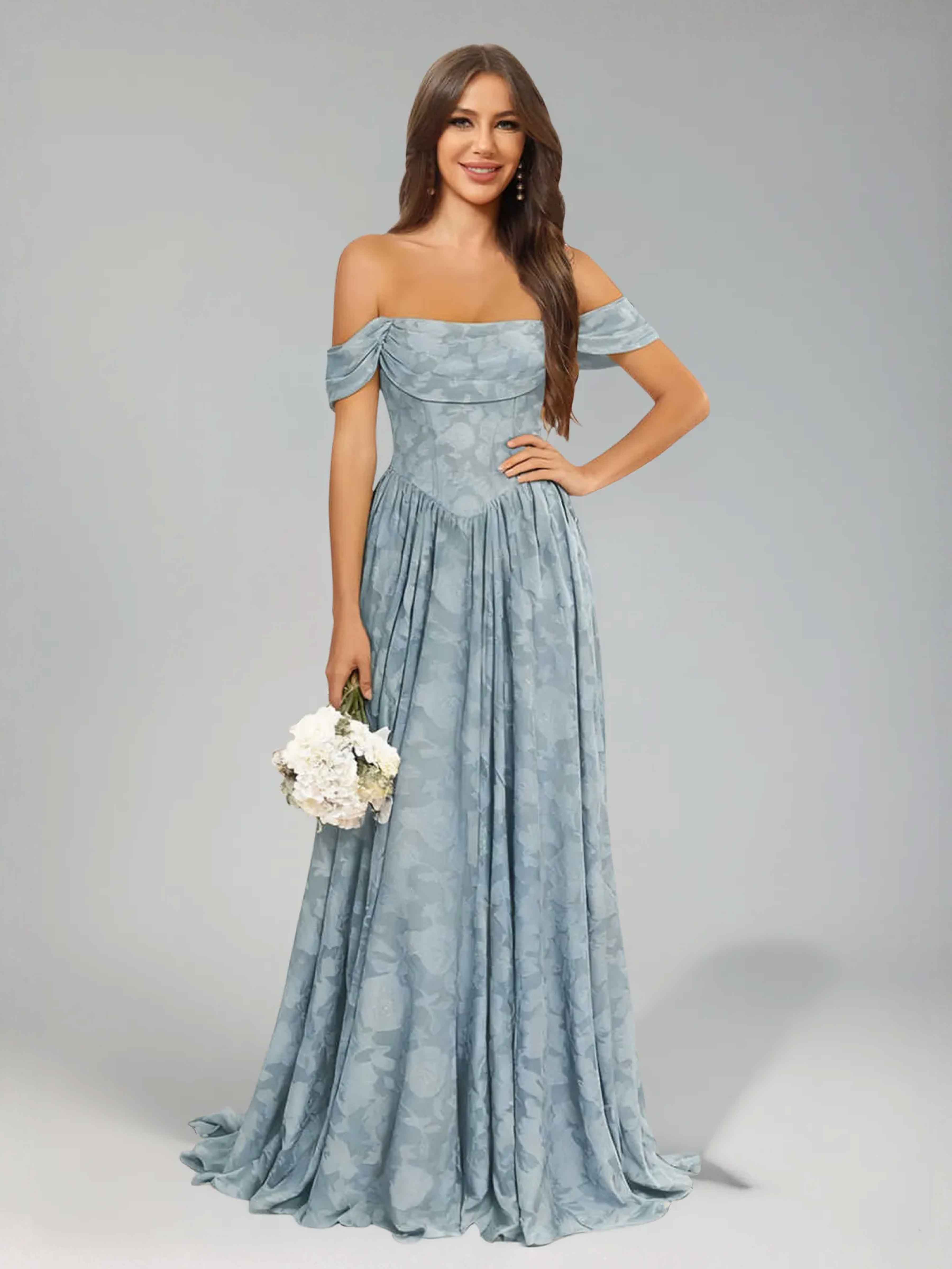 Praelithra Enchanting Off the Shoulder Ruched Long Jacquard Bridesmaid Dresses