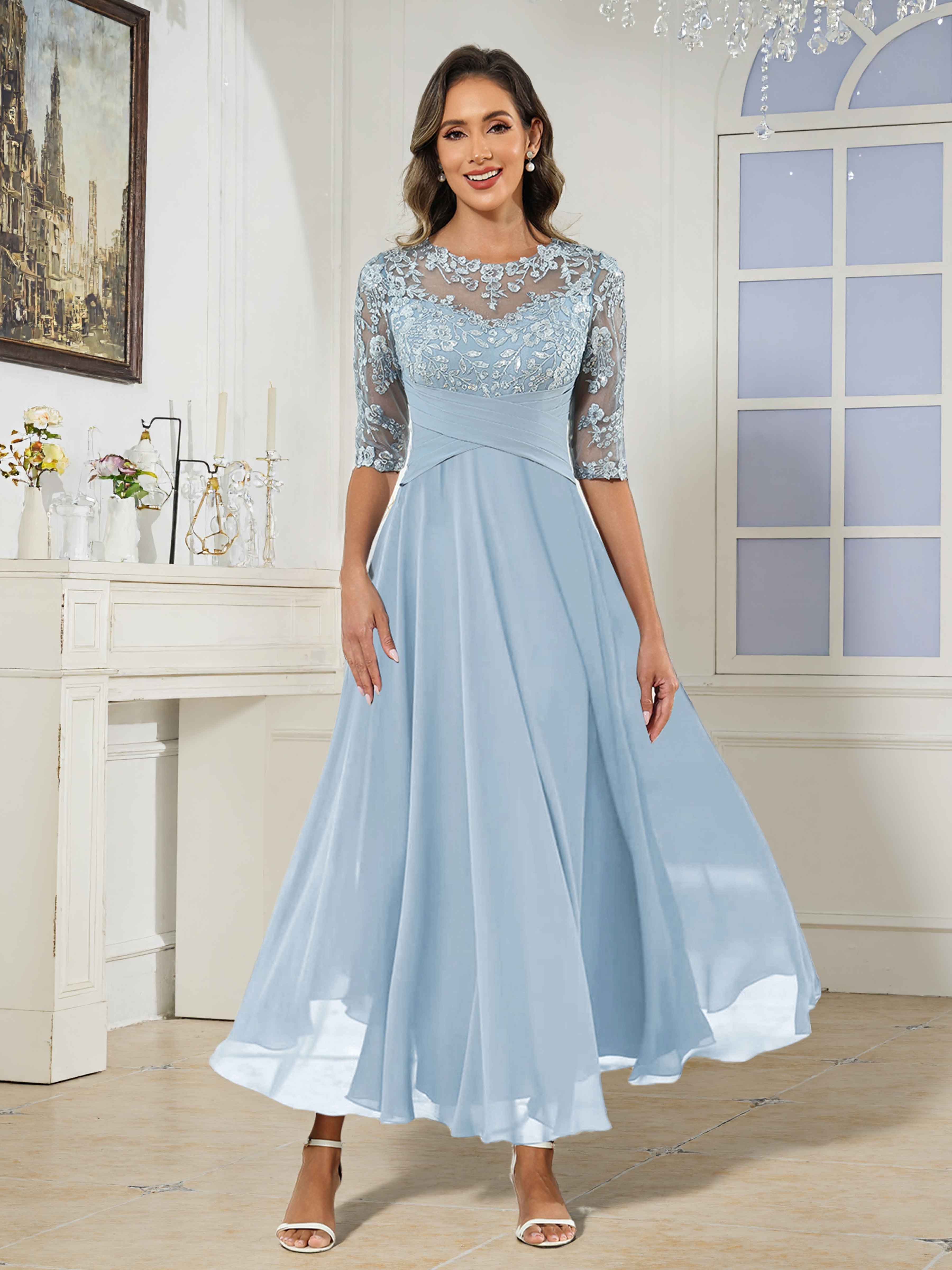 Saelithra Charming Illusion Half Sleeves Appliques Long Chiffon Mother of the Bride Dresses