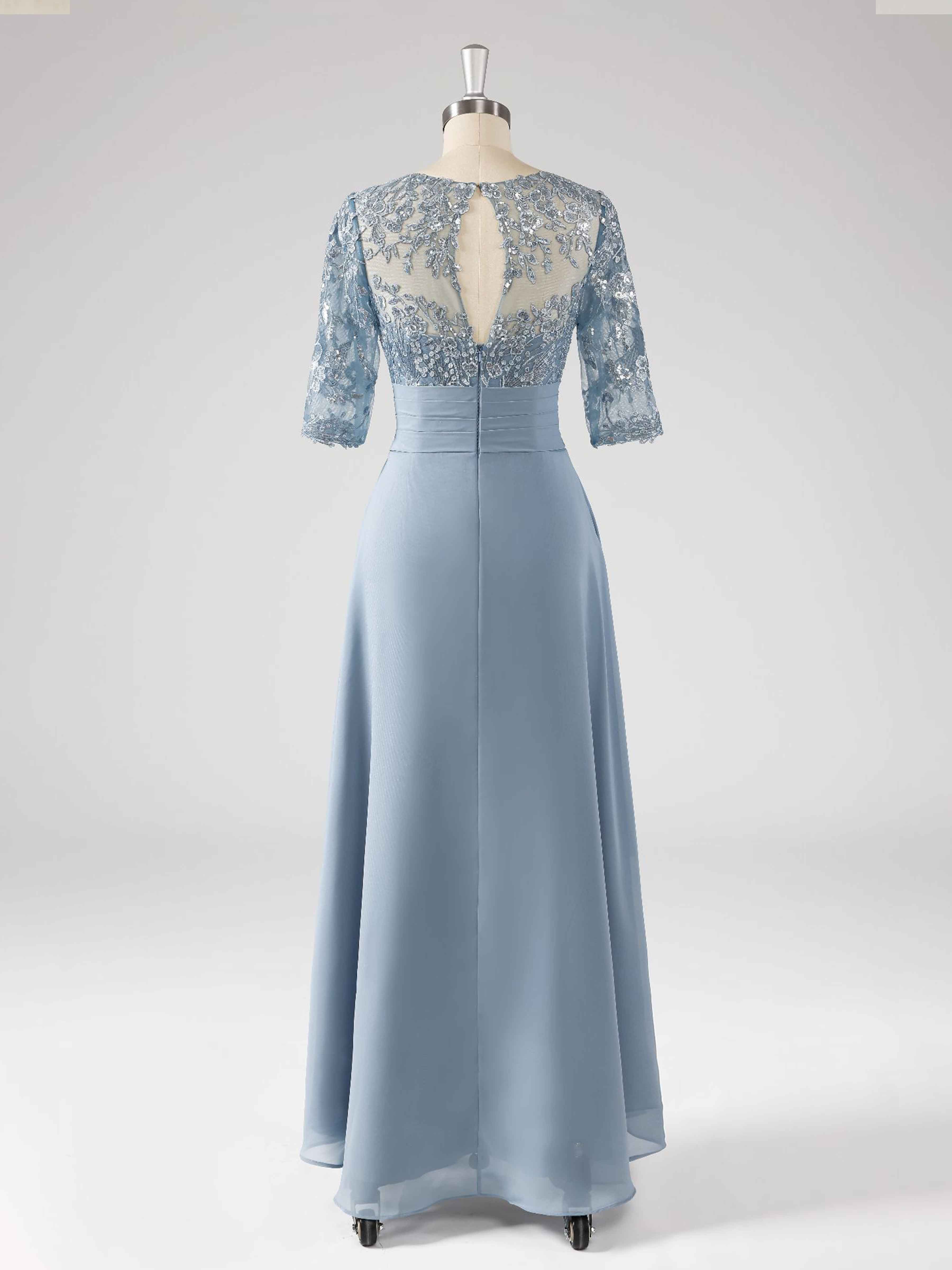 Saelithra Charming Illusion Half Sleeves Appliques Long Chiffon Mother of the Bride Dresses