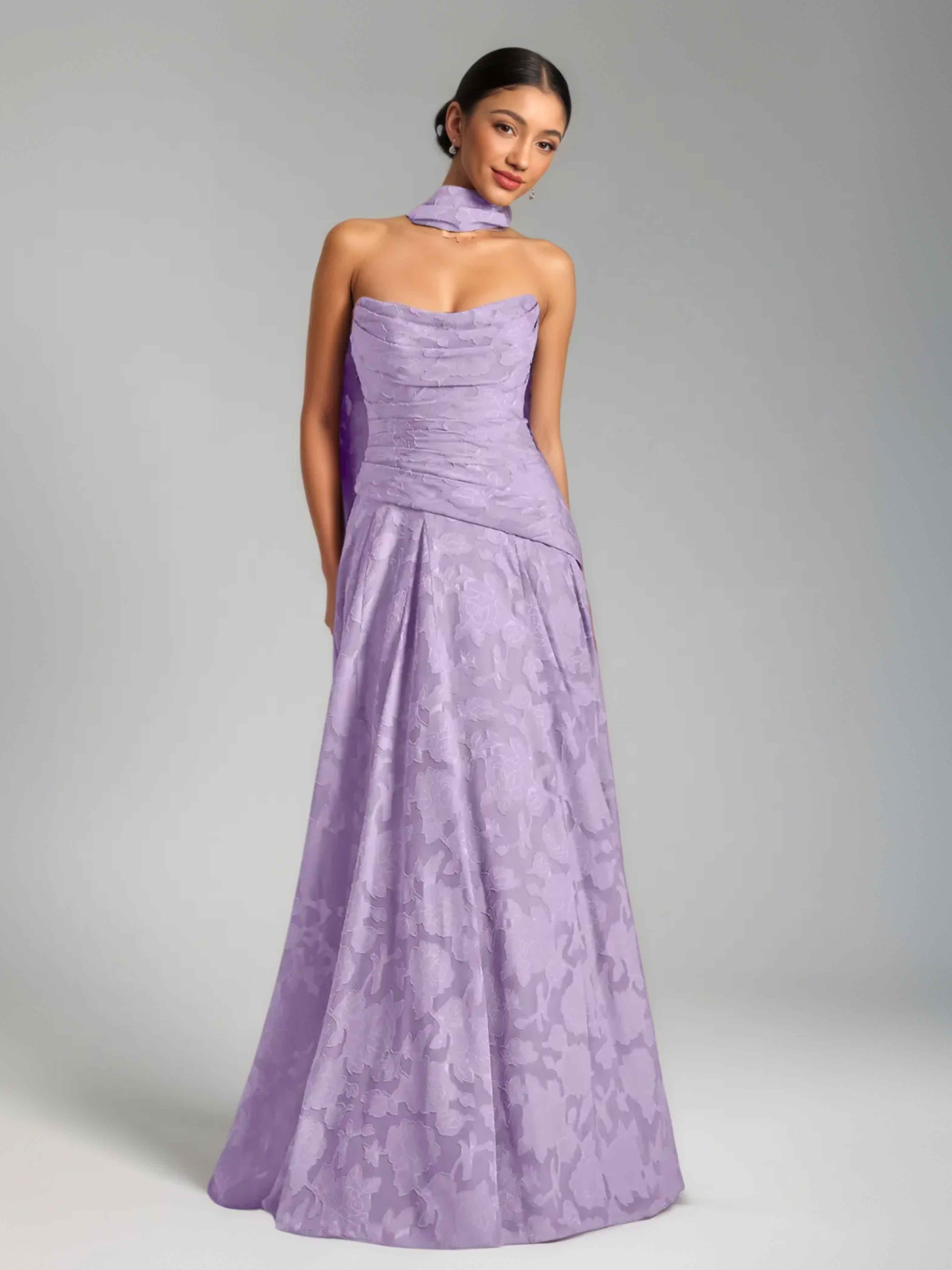 Braelindra Chic A-Line Strapless Floral Burnout Long Party Dresses