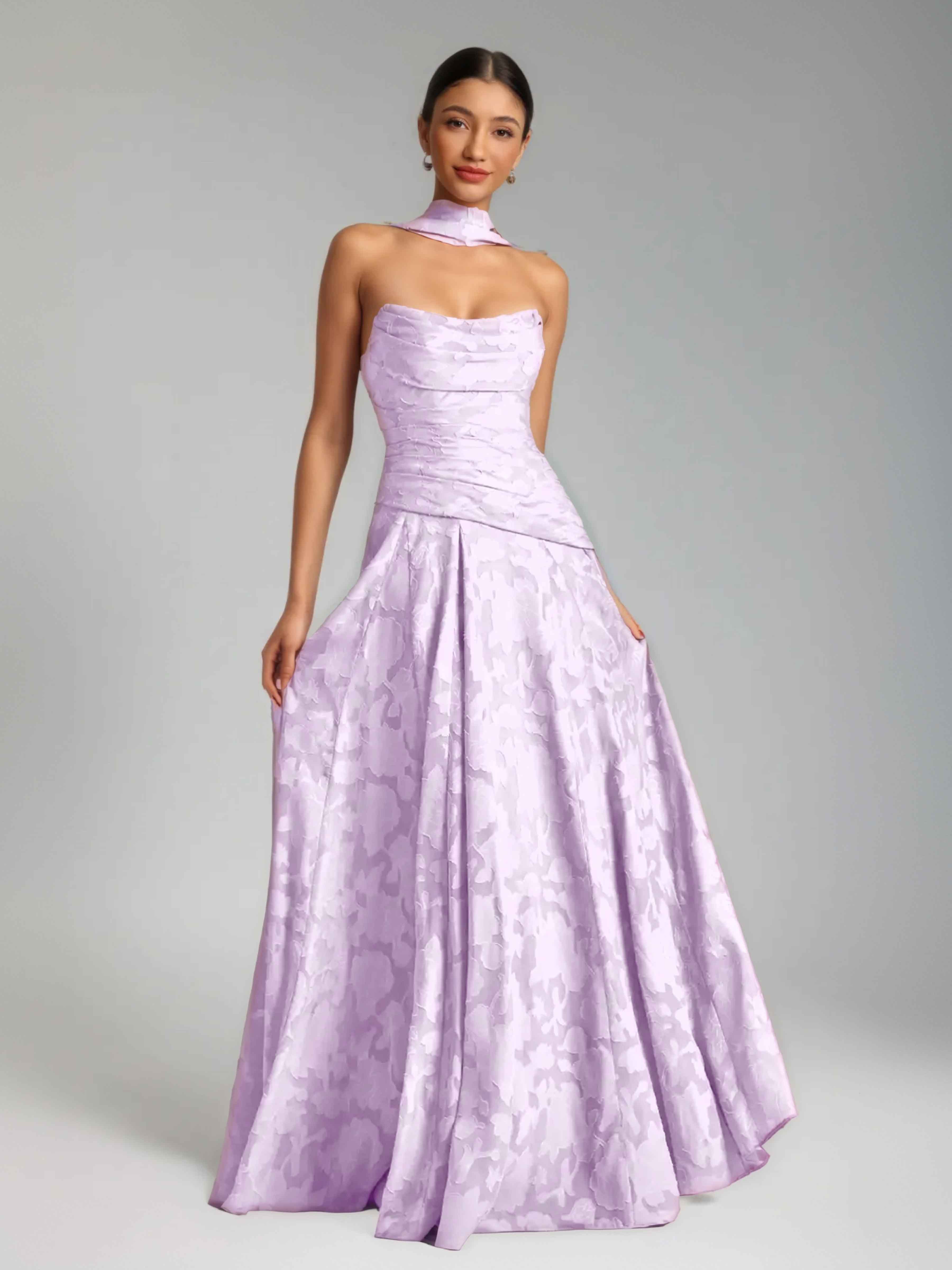 Braelindra Chic A-Line Strapless Floral Burnout Long Party Dresses