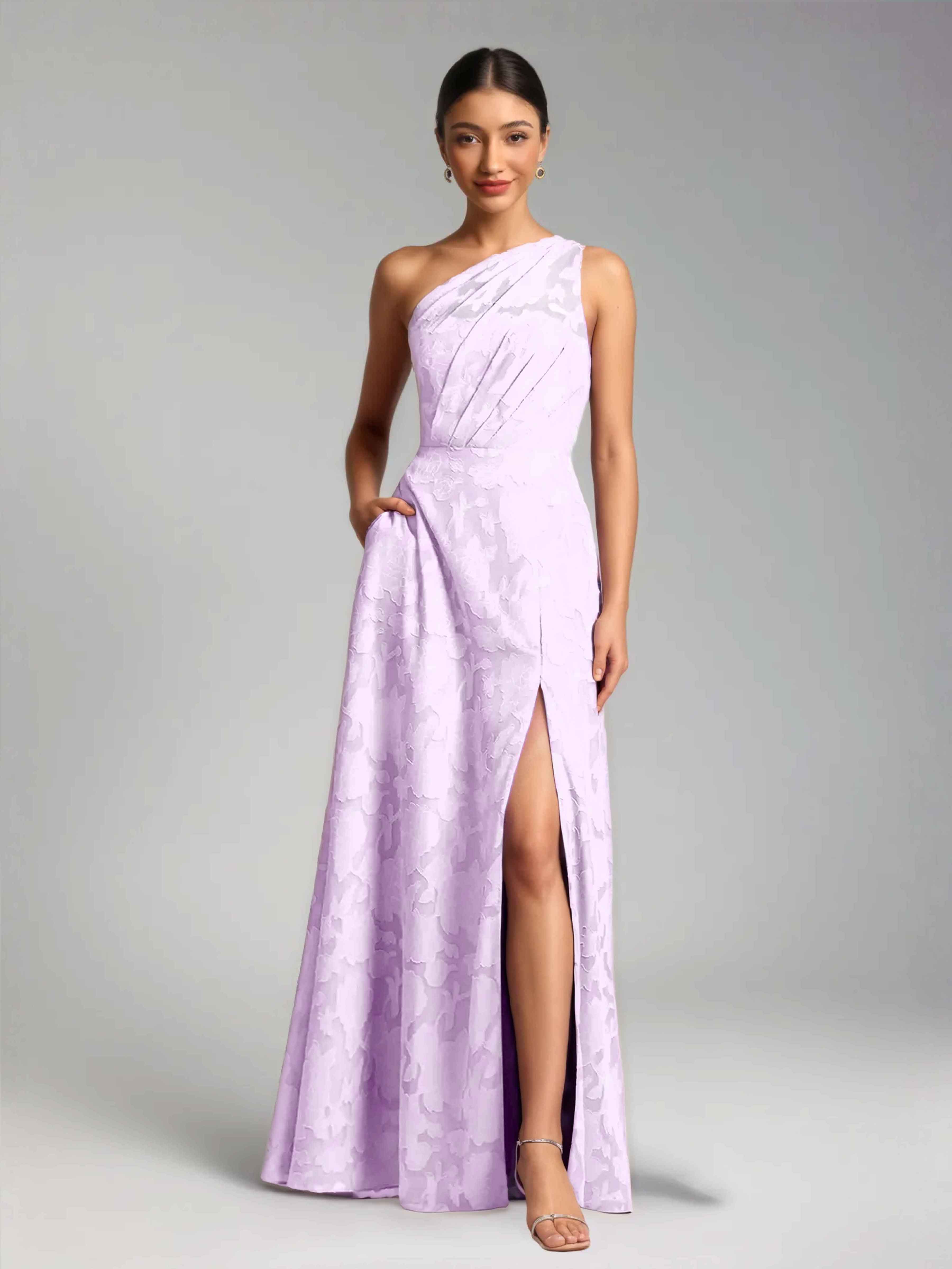 Draelindra Elegant One Shoulder Slit Floral Burnout Bridesmaid Dresses