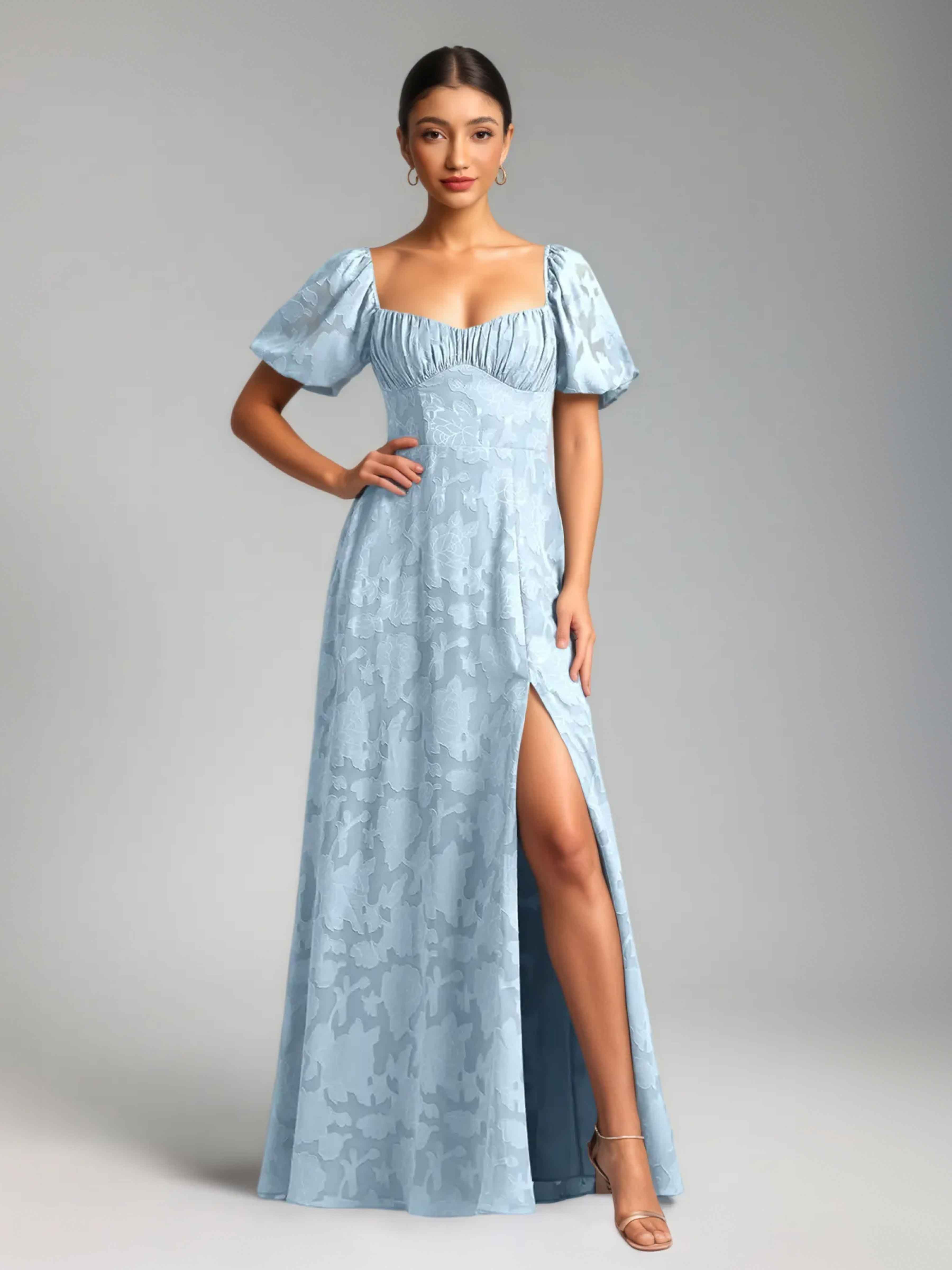 Elyndara Enchanting Short Sleeves Slit Long Floral Burnout Formal Dresses
