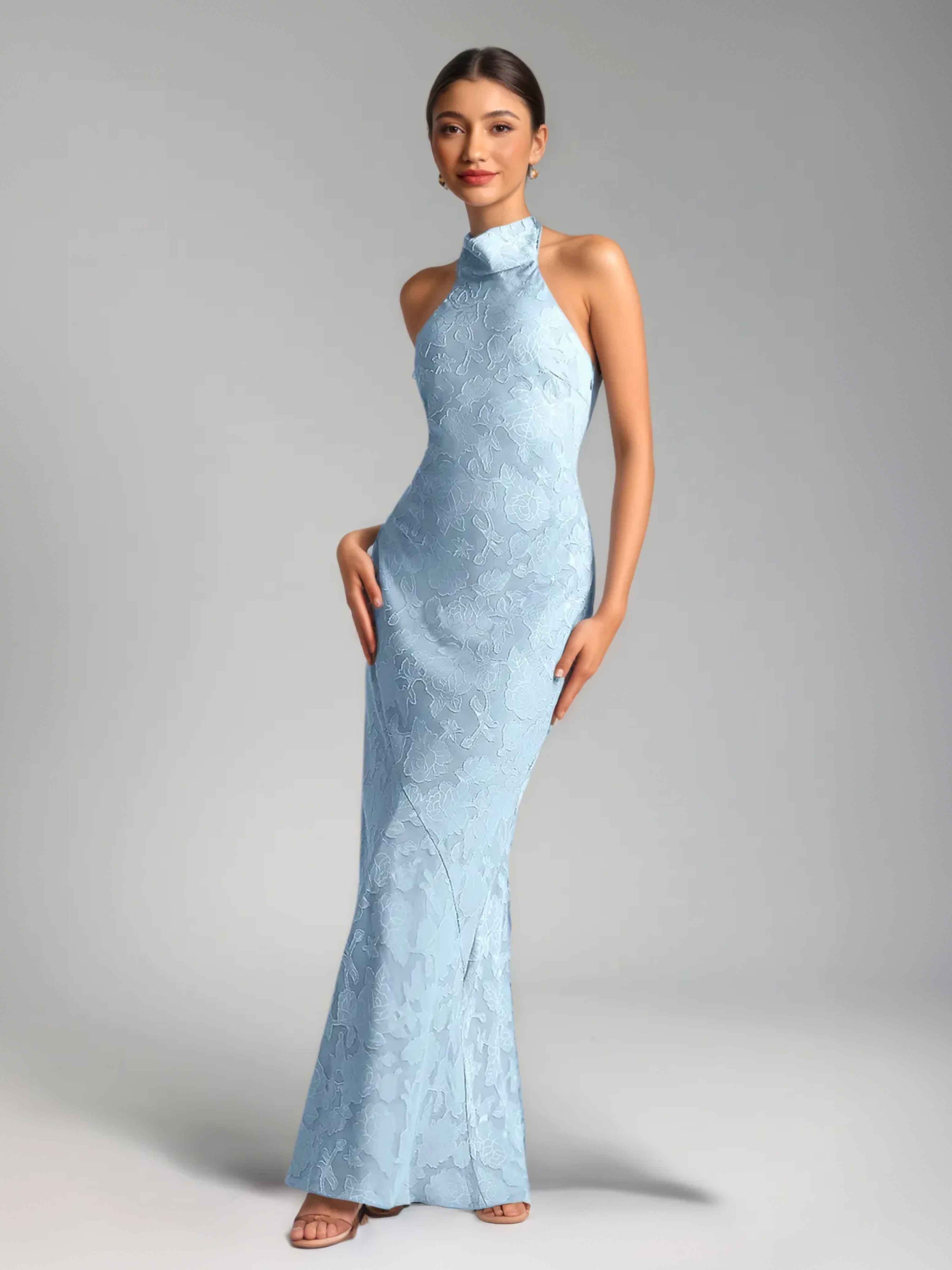 Helyndara Unique Halter Sleeveless Sheath Long Floral Burnout Formal Dresses