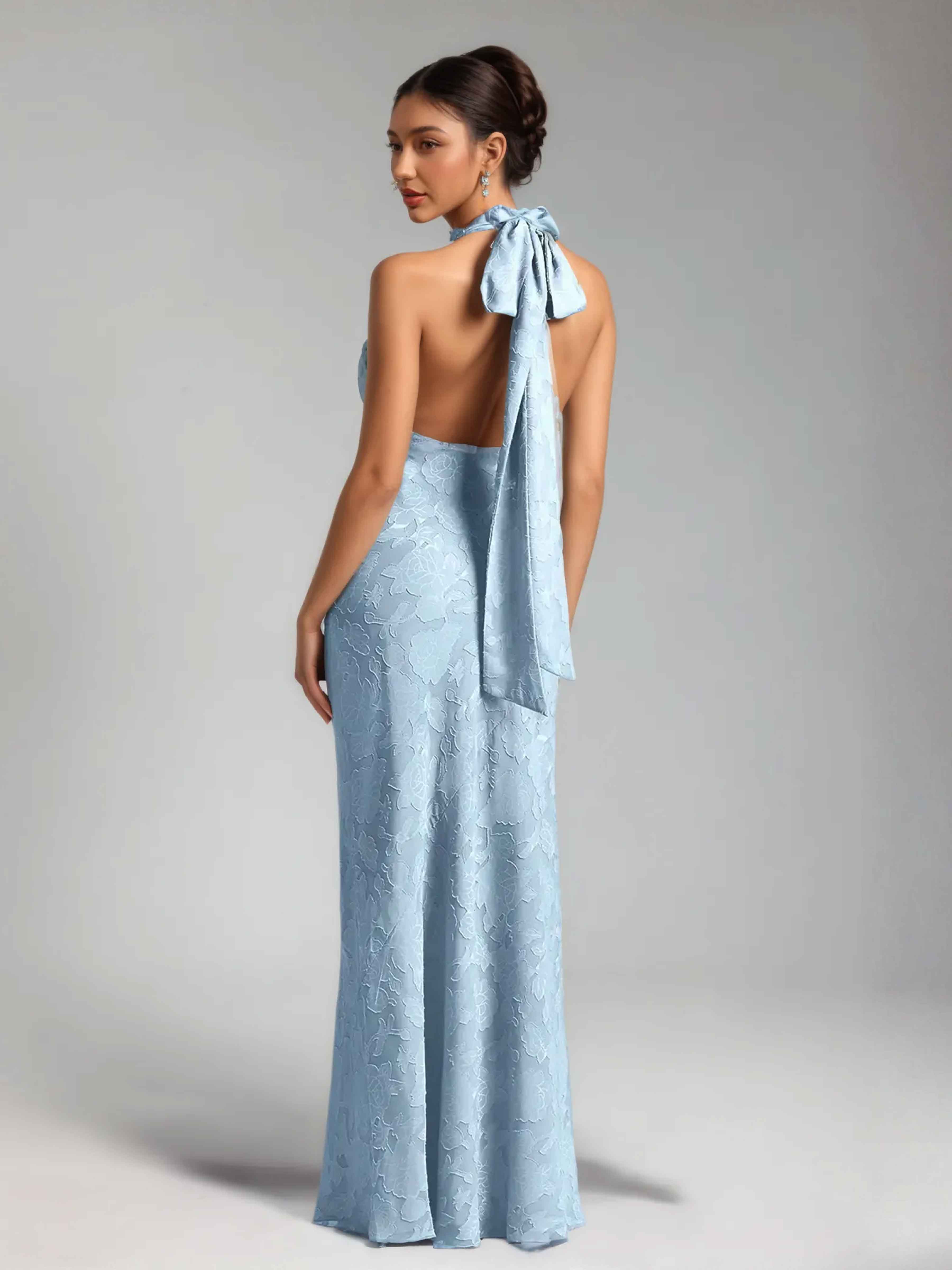 Helyndara Unique Halter Sleeveless Sheath Long Floral Burnout Formal Dresses
