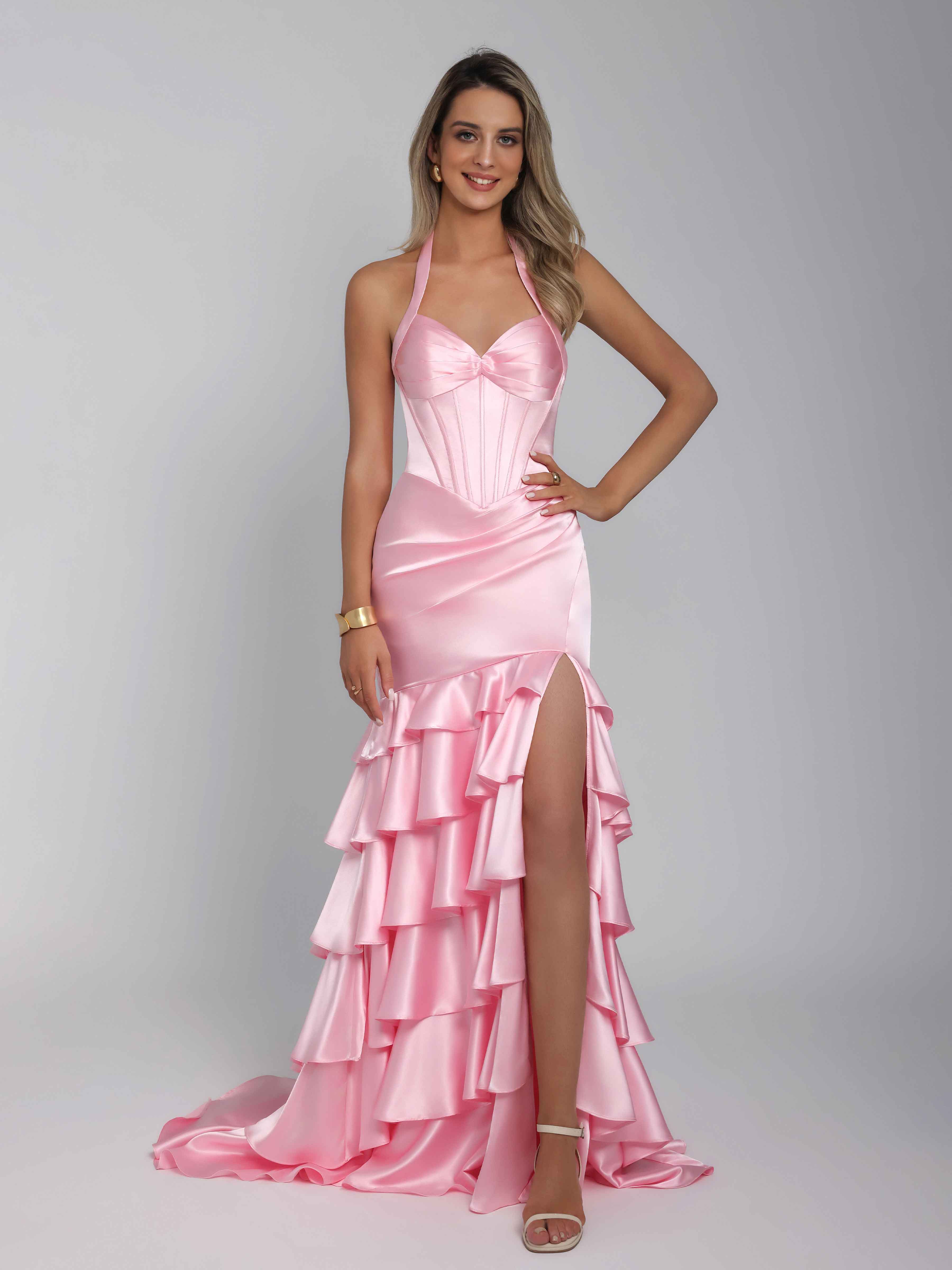 Kaelindra Gorgeous Mermaid Halter Tiered Sweep Train Satin Party Dresses