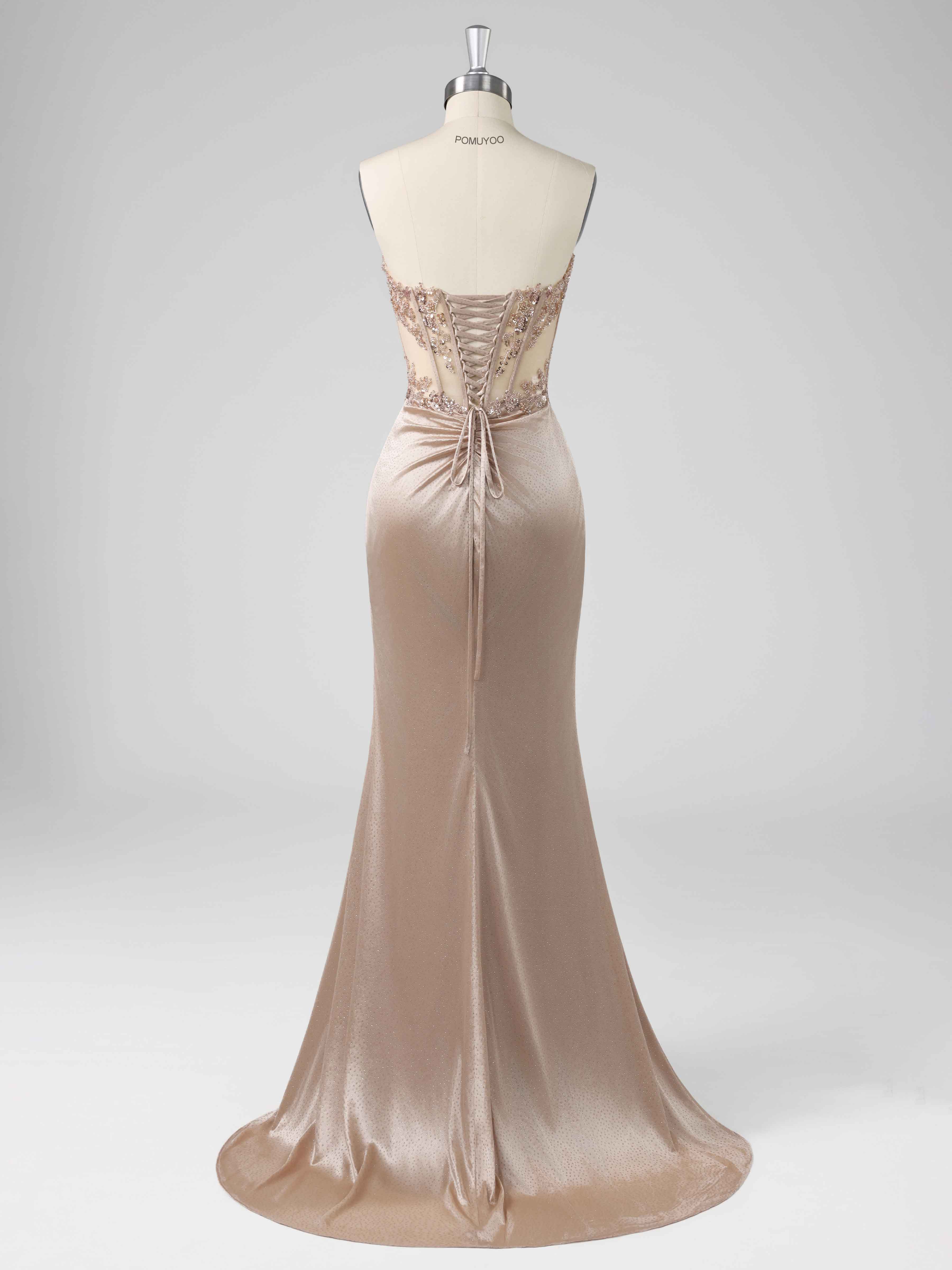 Praelindra Gorgeous Strapless Sheath Beading Sequins Slit Long Prom Dresses