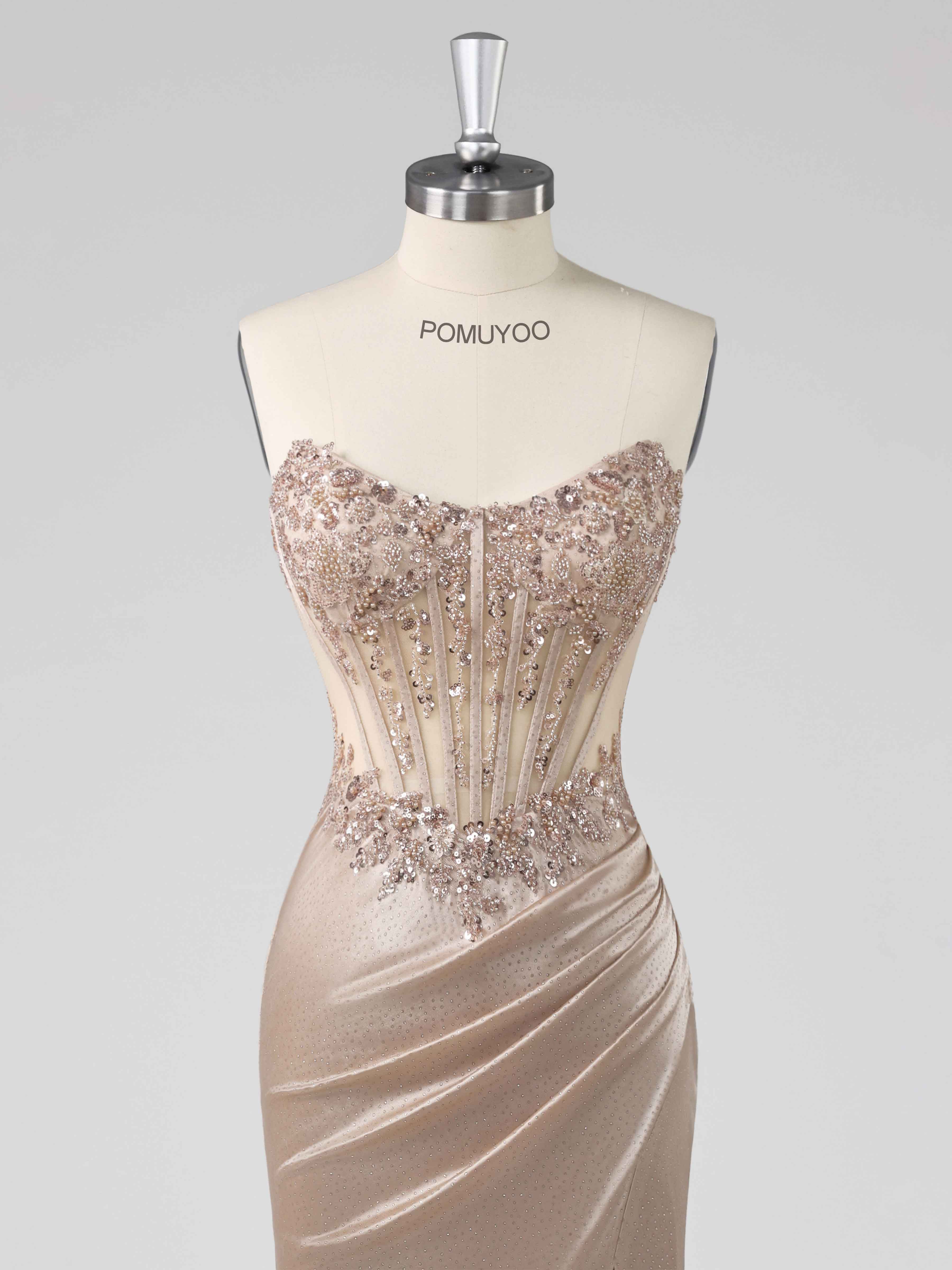 Praelindra Gorgeous Strapless Sheath Beading Sequins Slit Long Prom Dresses