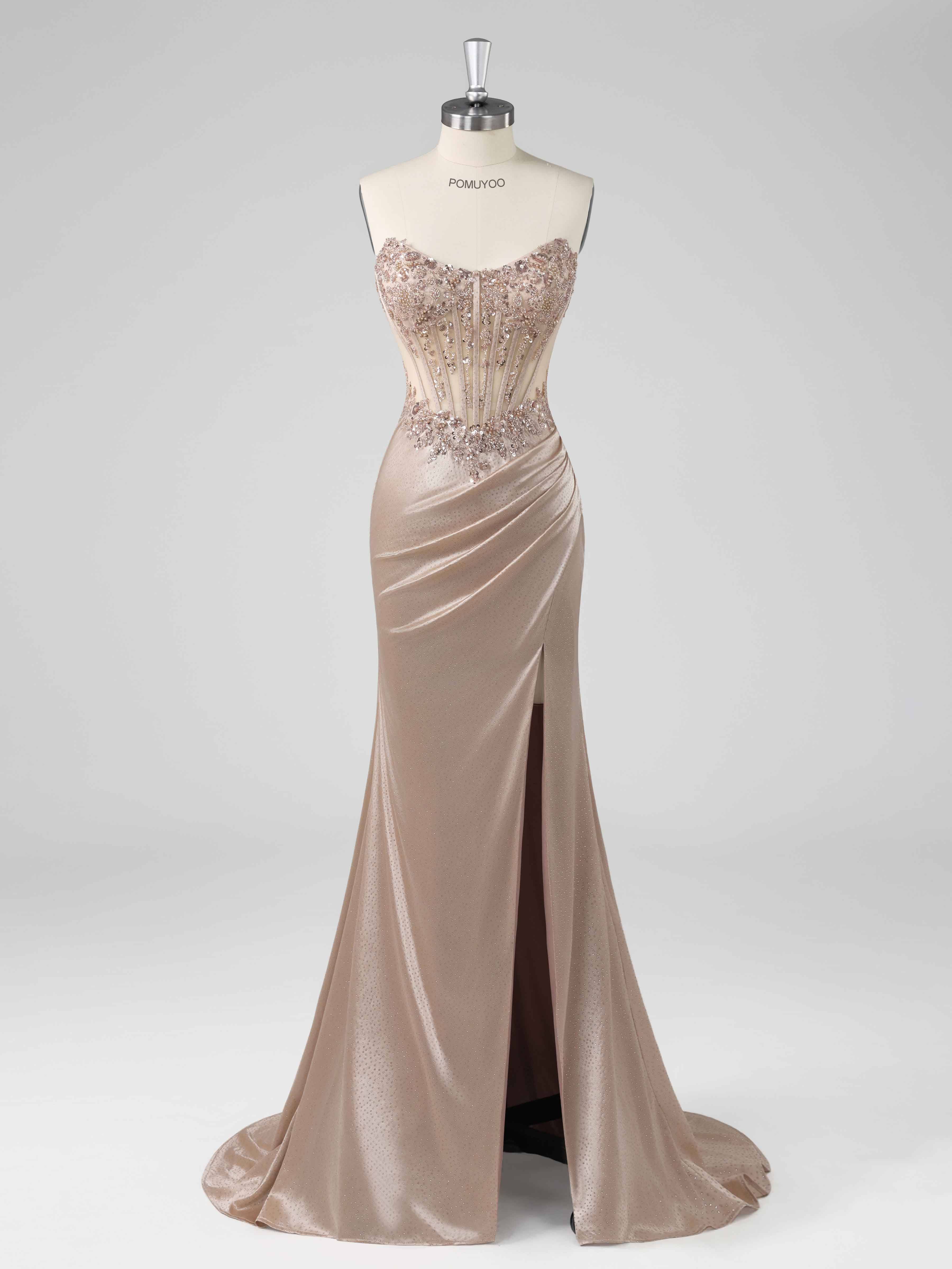 Praelindra Gorgeous Strapless Sheath Beading Sequins Slit Long Prom Dresses