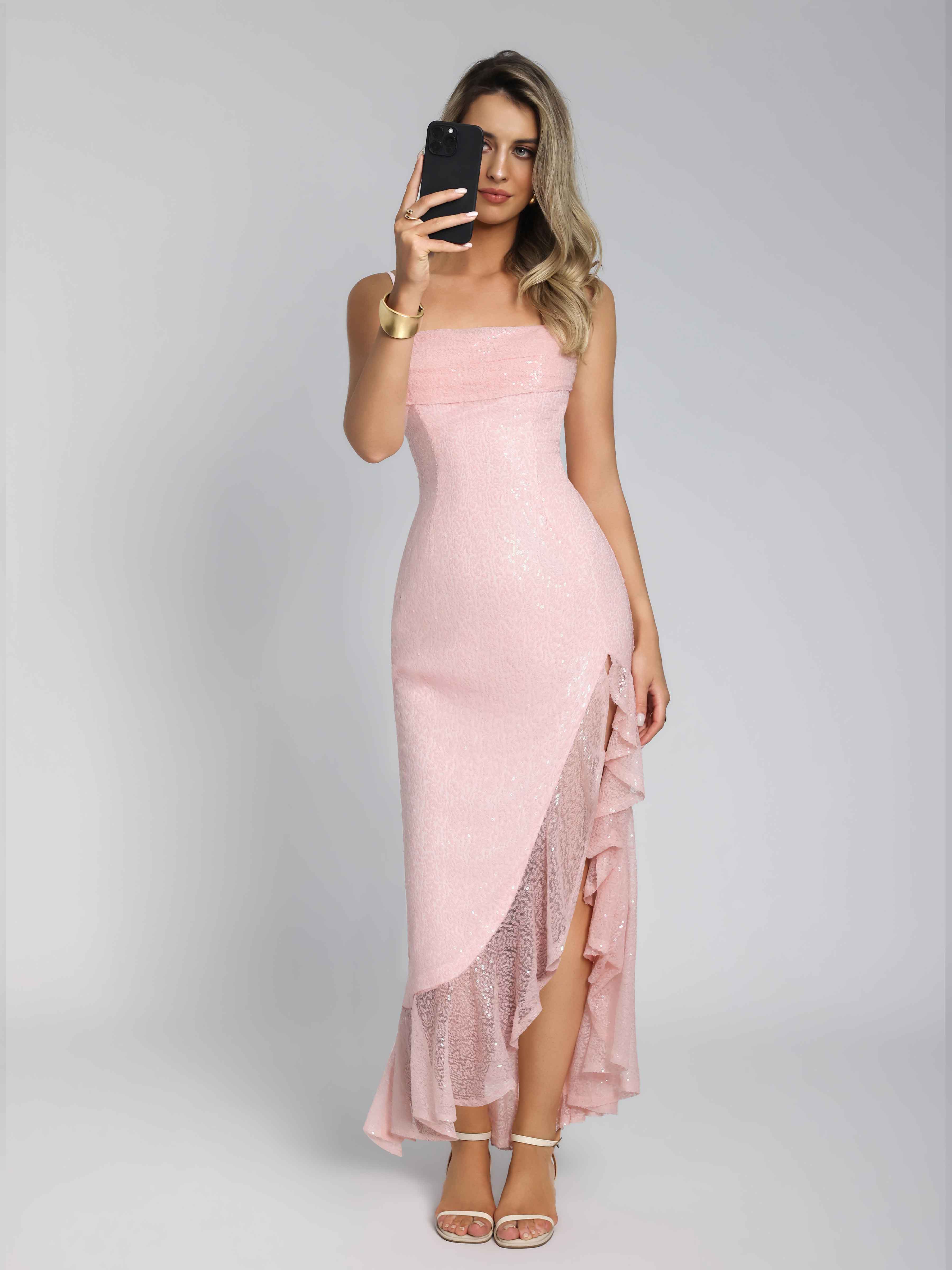 Aelithia Stunning Spaghetti Straps Pleated Slit Maxi Sequins Party Dresses