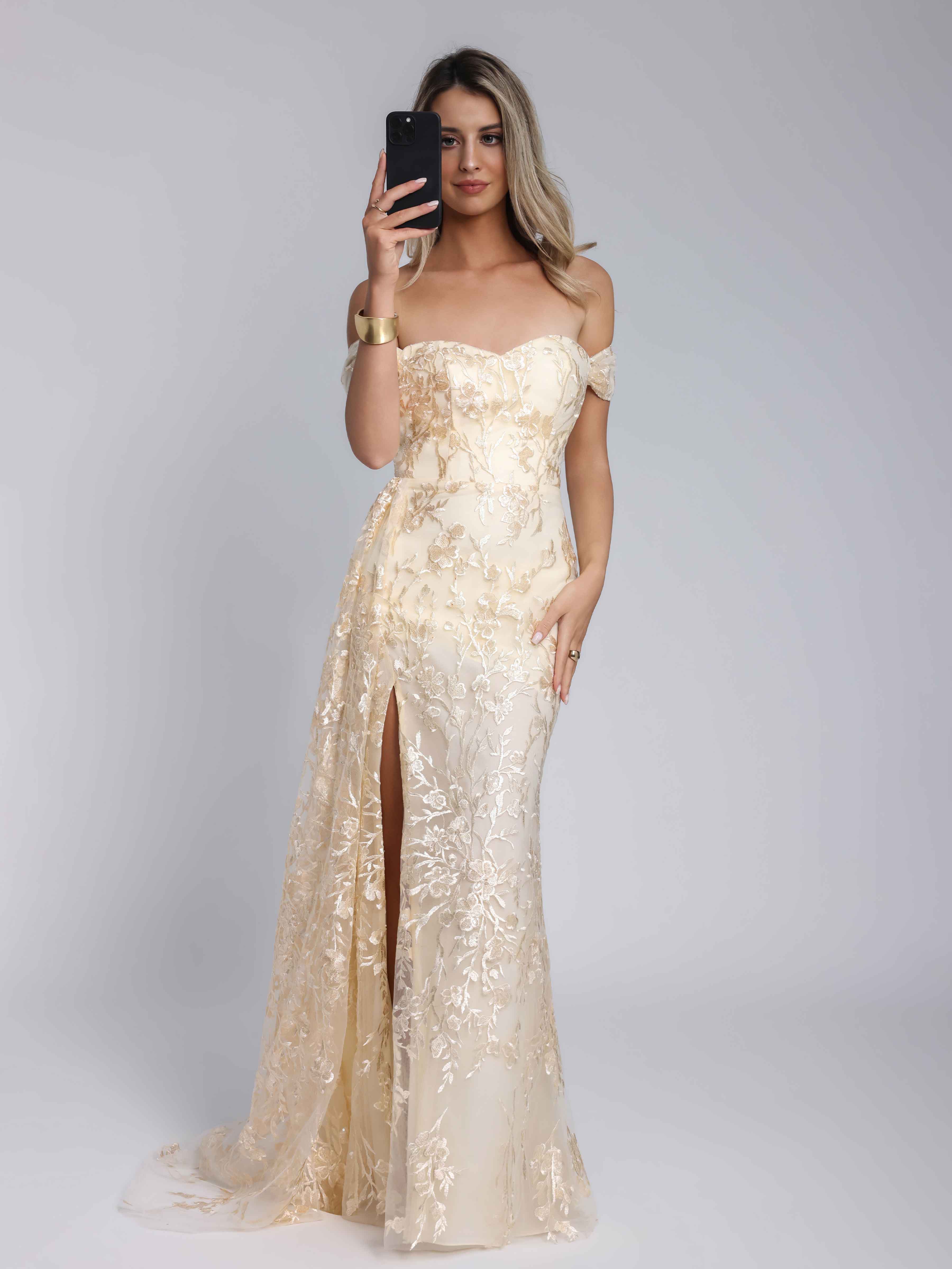 Caelithia Trendy Off the Shoulder Appliques Chiffon Long Formal Dresses