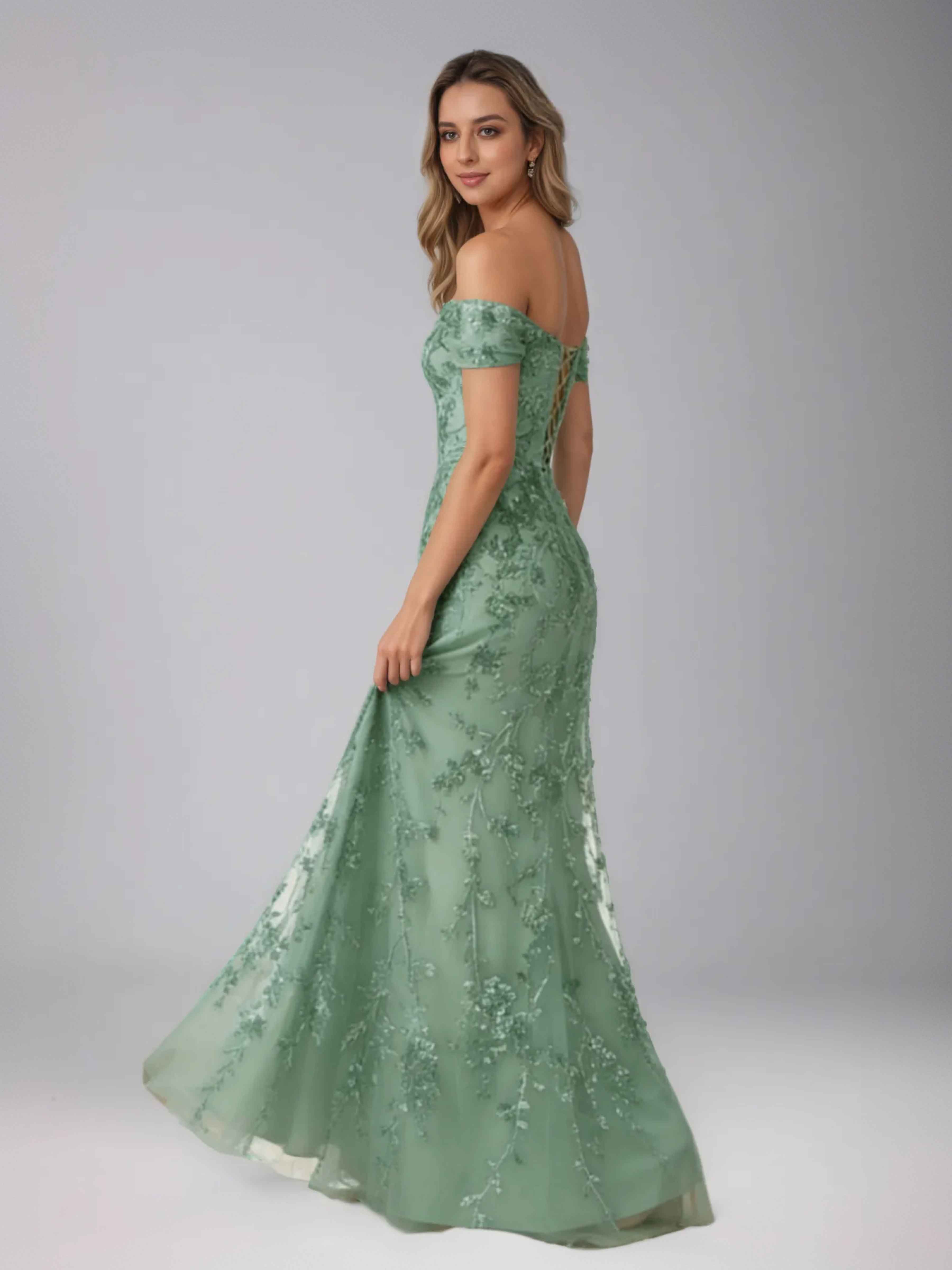 Caelithia Trendy Off the Shoulder Appliques Chiffon Long Formal Dresses