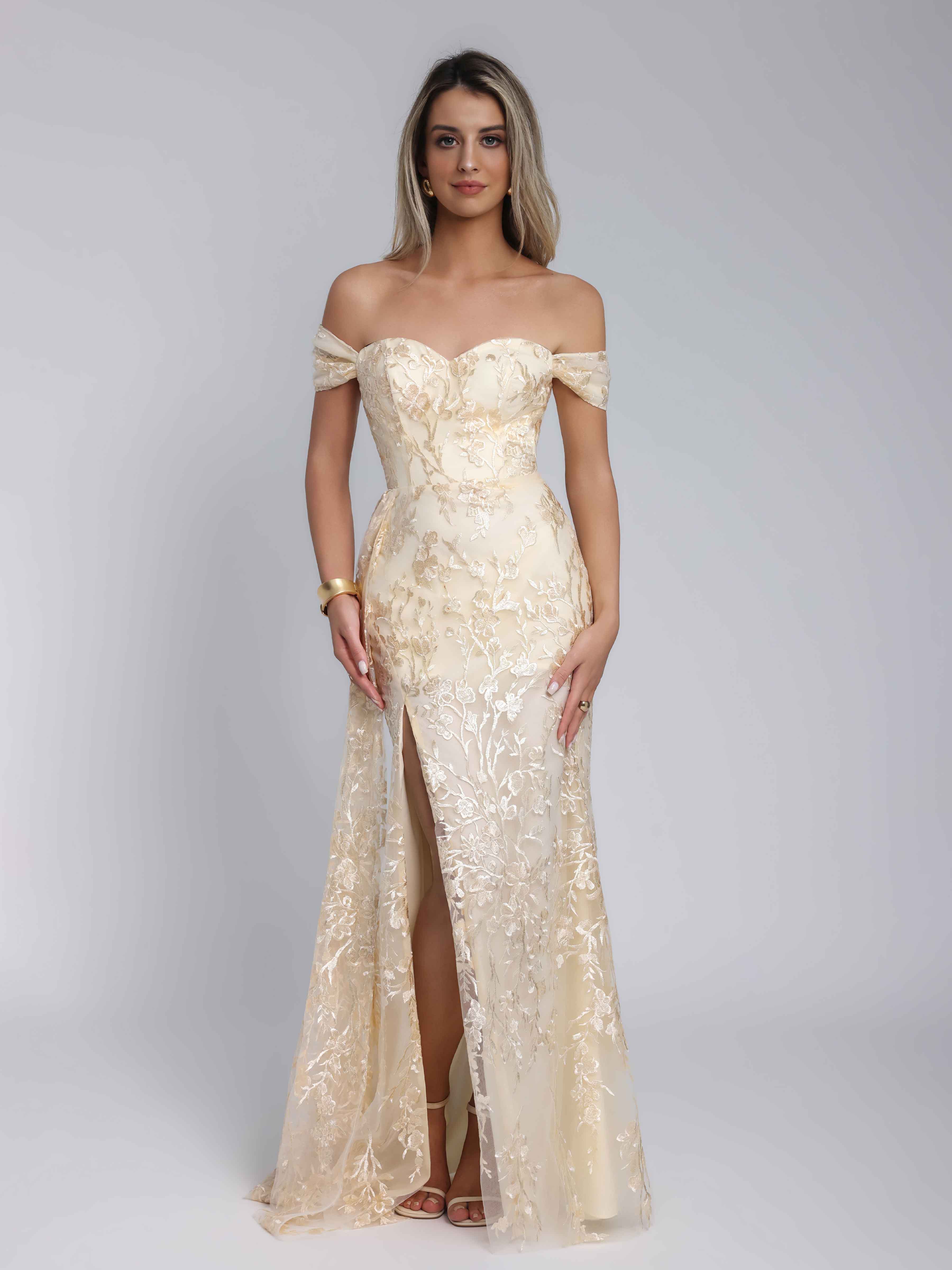 Caelithia Trendy Off the Shoulder Appliques Chiffon Long Formal Dresses