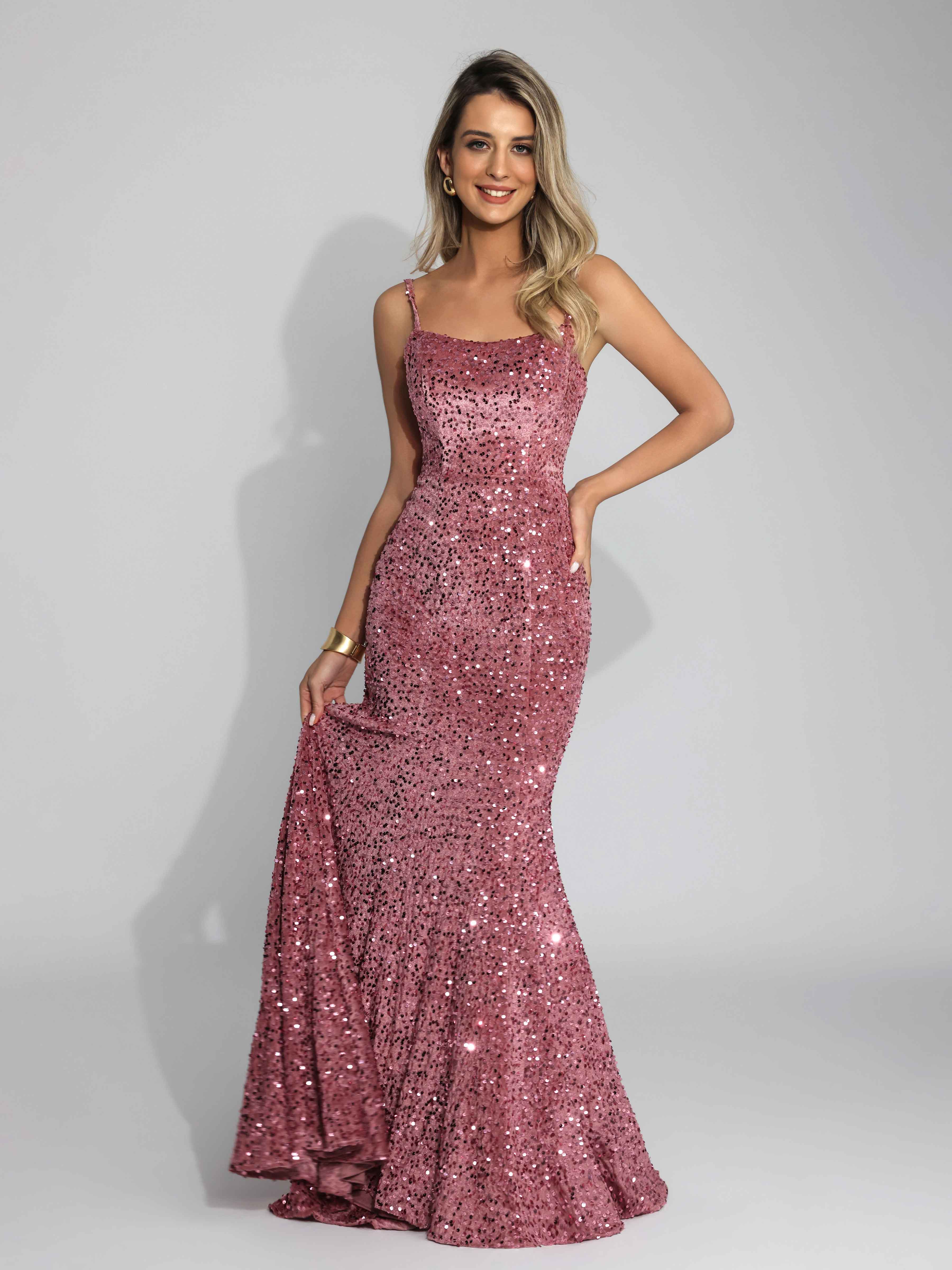 Draelithia Trendy Spaghetti Straps Velvet Sequins Long Party Dresses