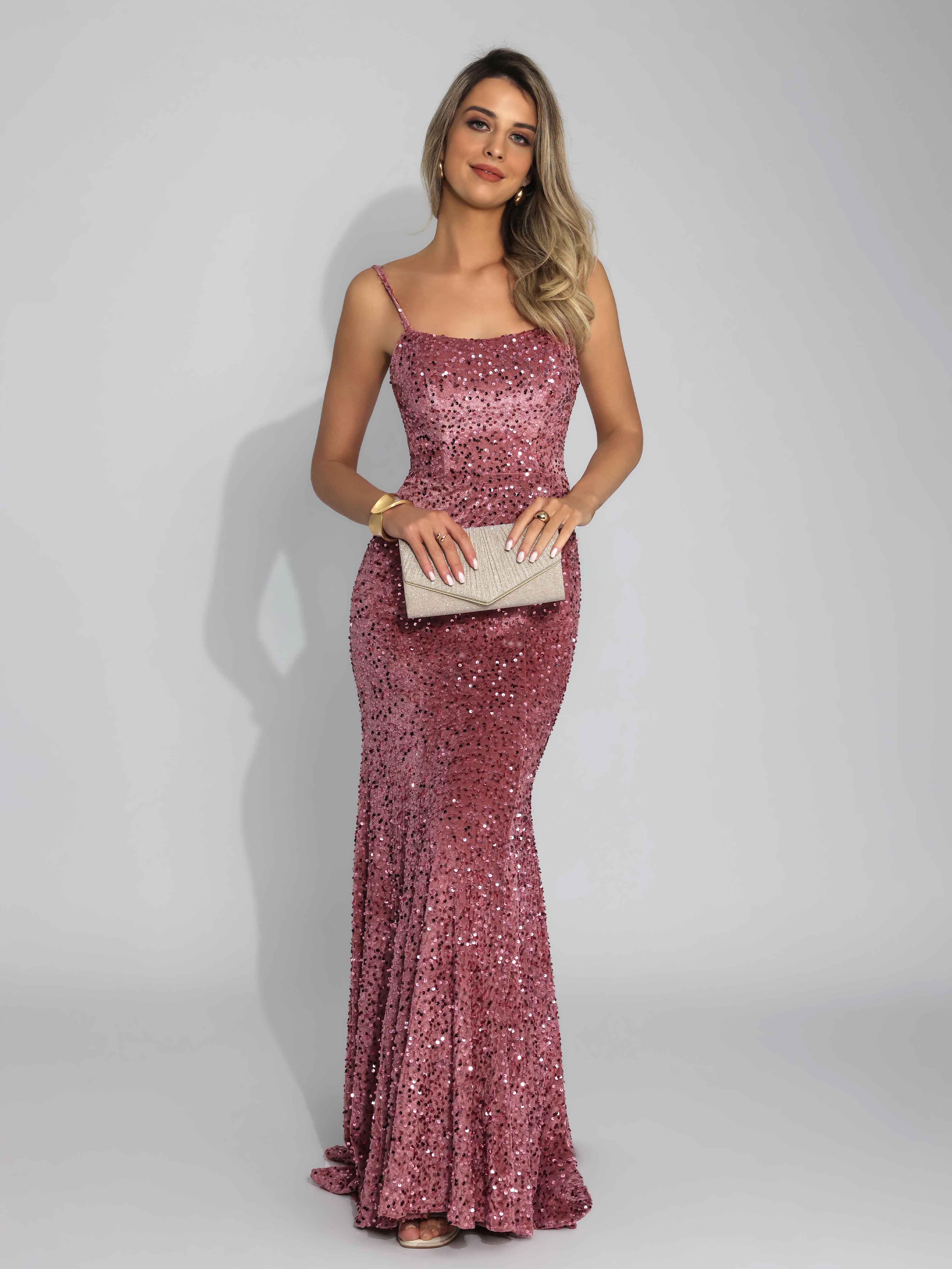 Draelithia Trendy Spaghetti Straps Velvet Sequins Long Party Dresses