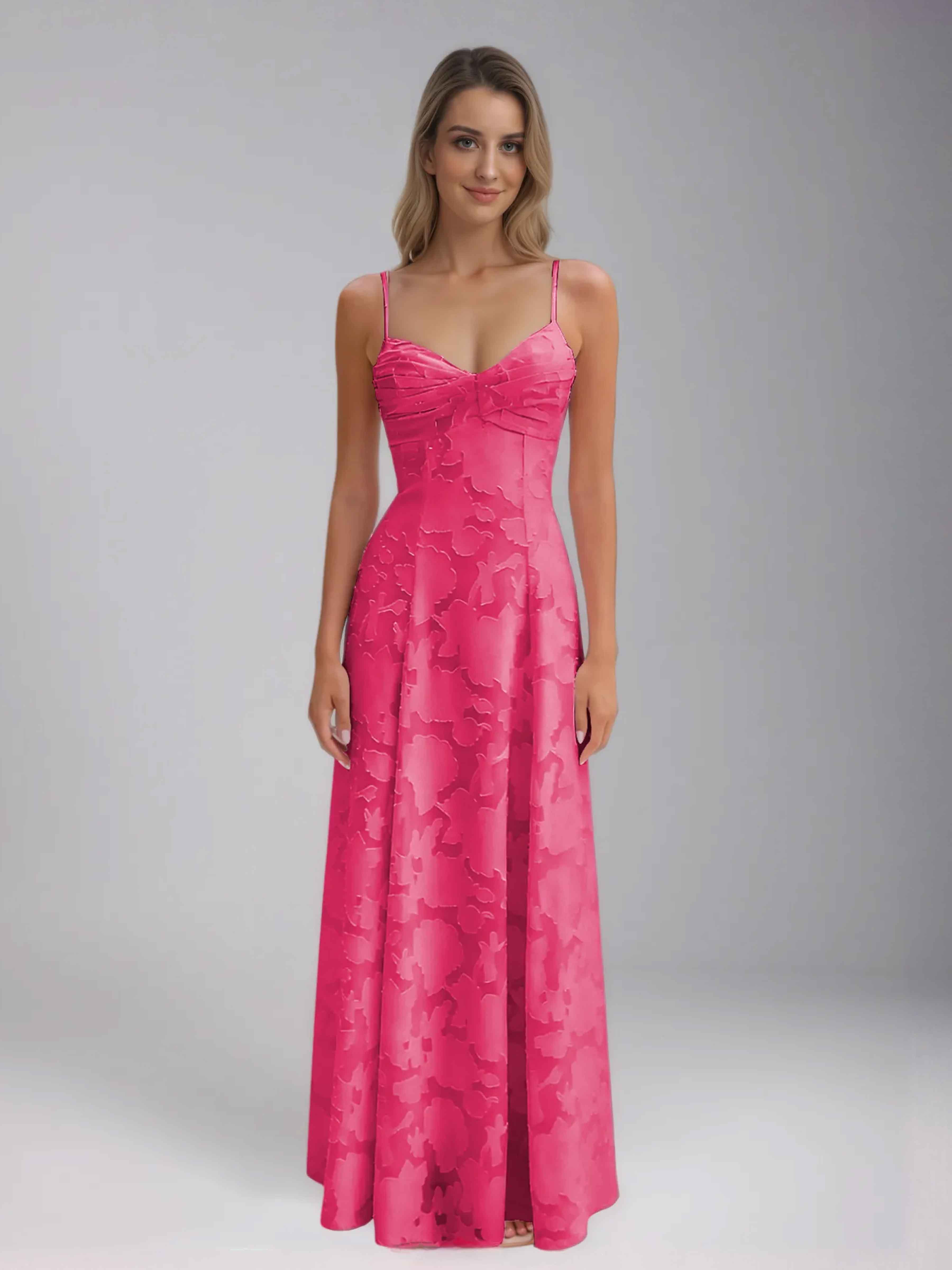 Jaelithia Trendy A-Line Spaghetti Straps Pleated Long Jacquard Party Dresses