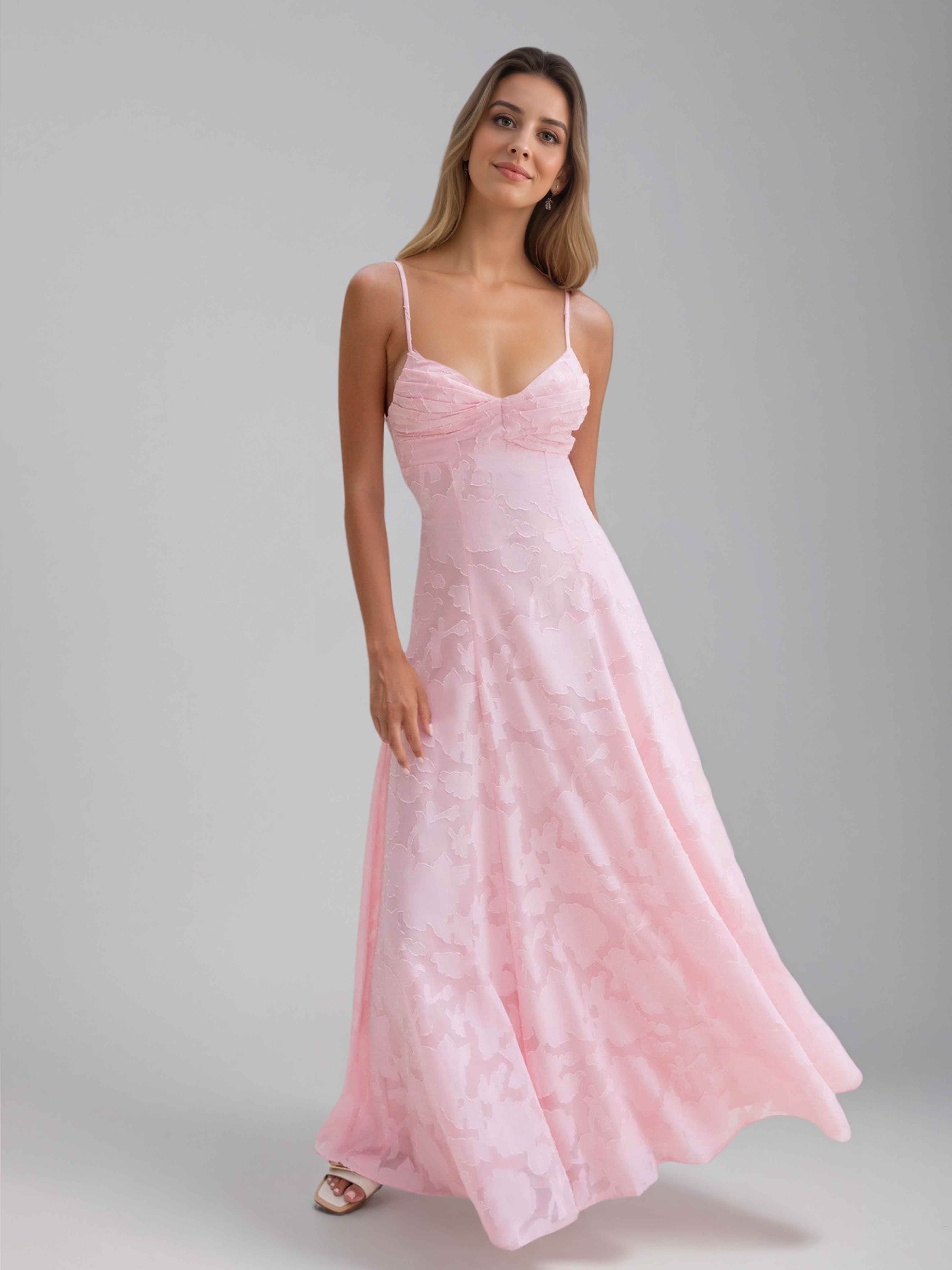 Jaelithia Trendy A-Line Spaghetti Straps Pleated Long Jacquard Party Dresses