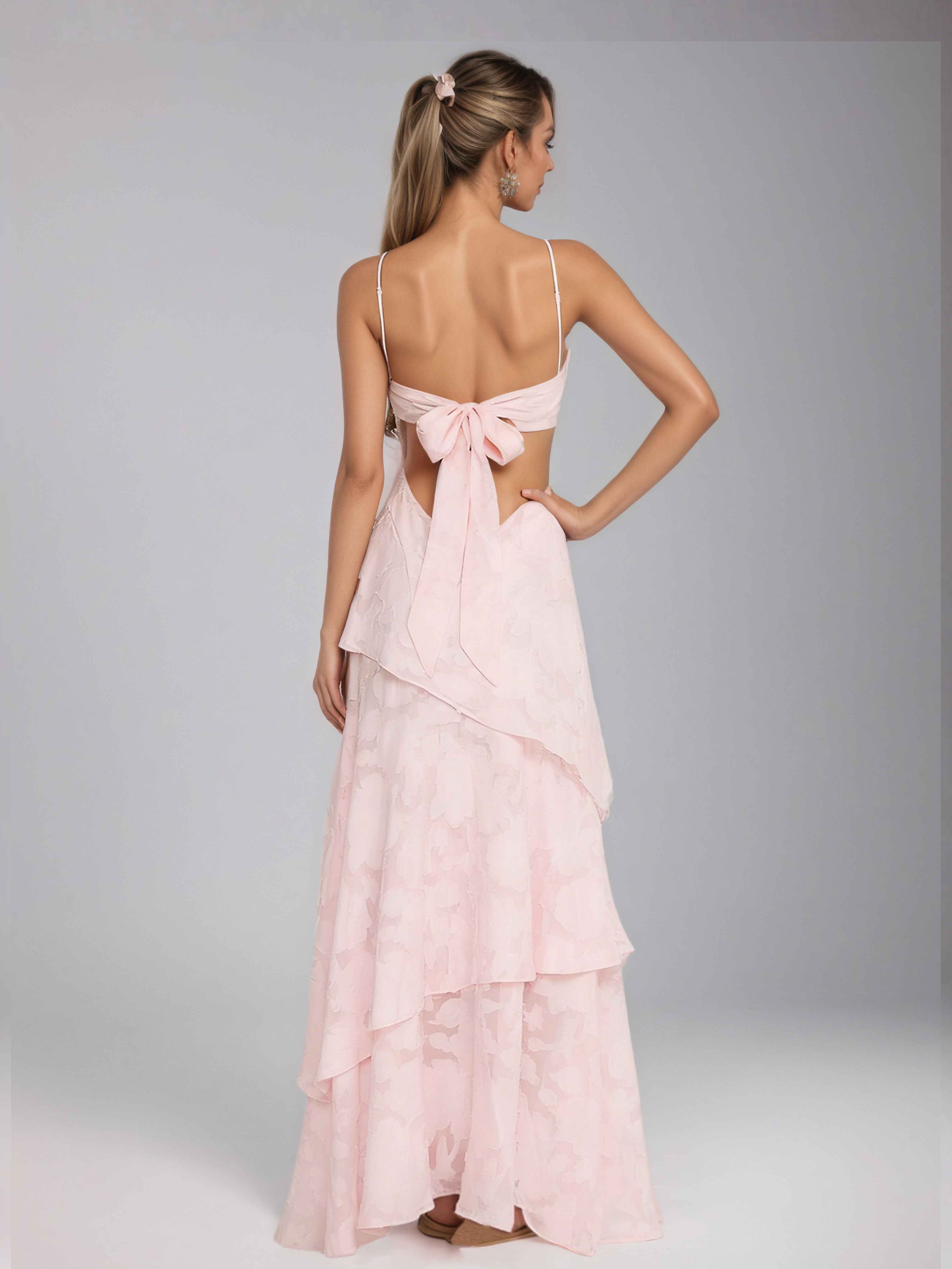 Kaelithia Chic Spaghetti Straps Tiered Long Jacquard Party Dresses