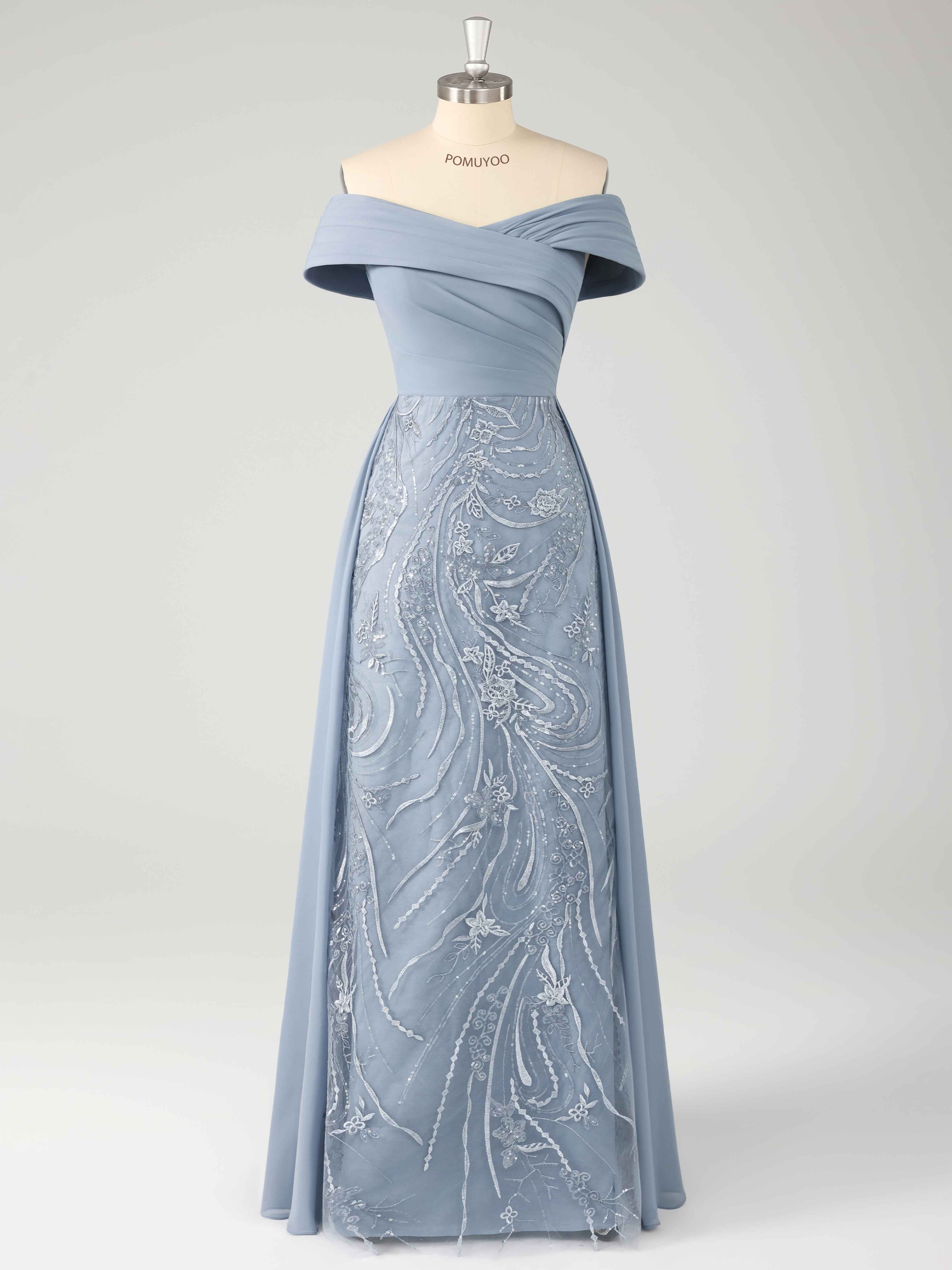 Braelithris Trendy Off the Shoulder Pleated Long Lace Chiffon Mother of the Bride Dresses