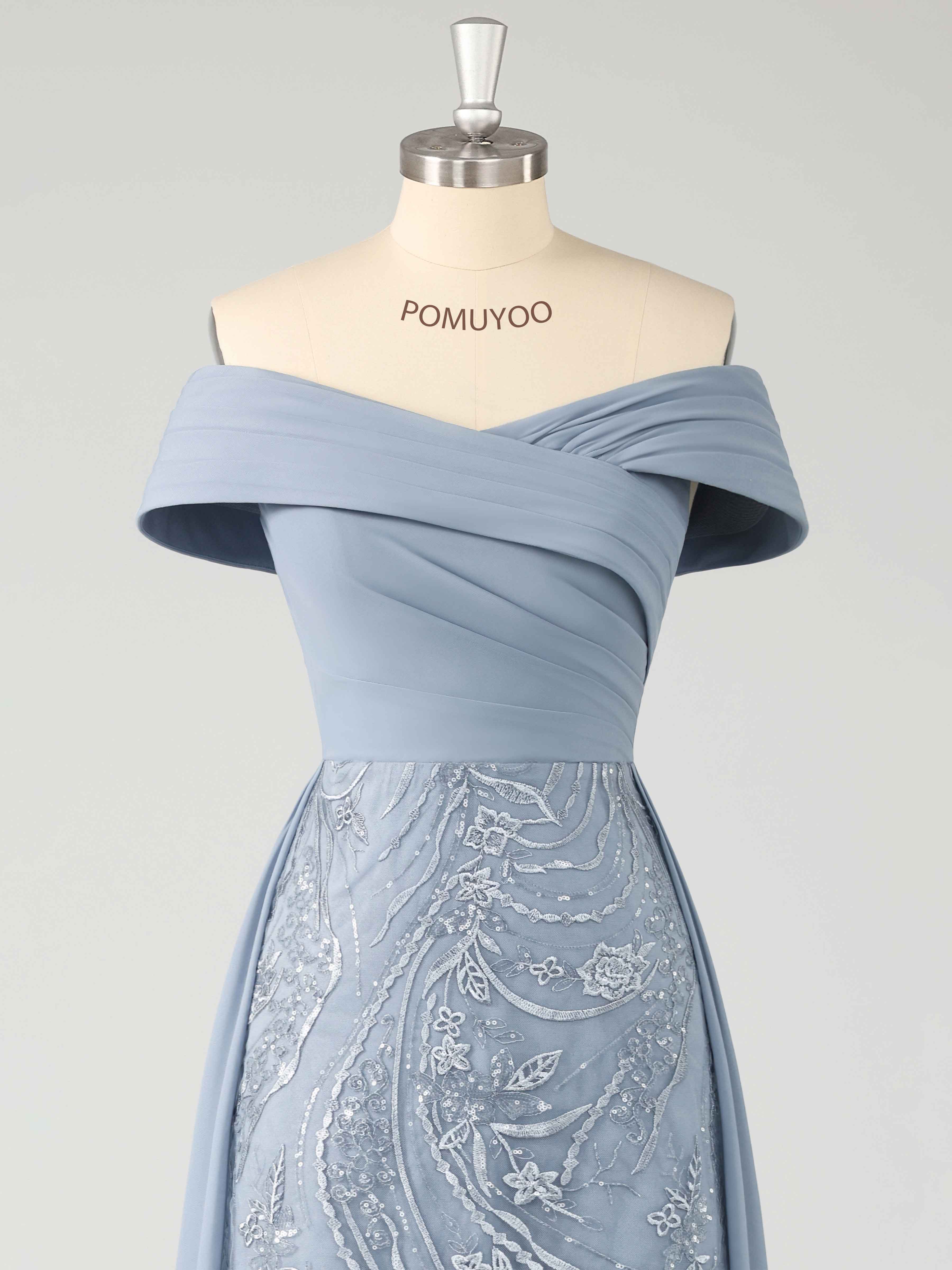 Braelithris Trendy Off the Shoulder Pleated Long Lace Chiffon Mother of the Bride Dresses