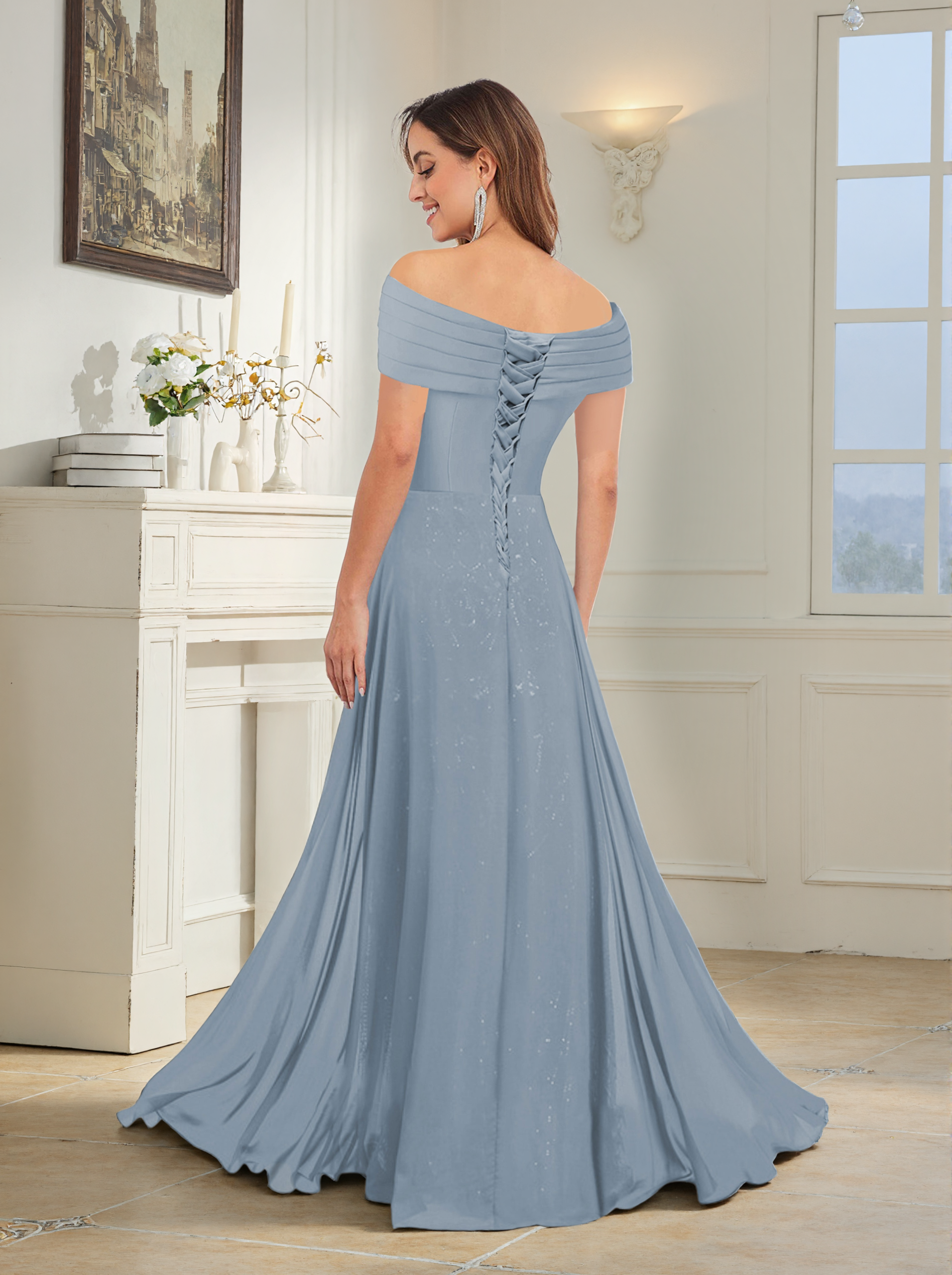 Braelithris Trendy Off the Shoulder Pleated Long Lace Chiffon Mother of the Bride Dresses