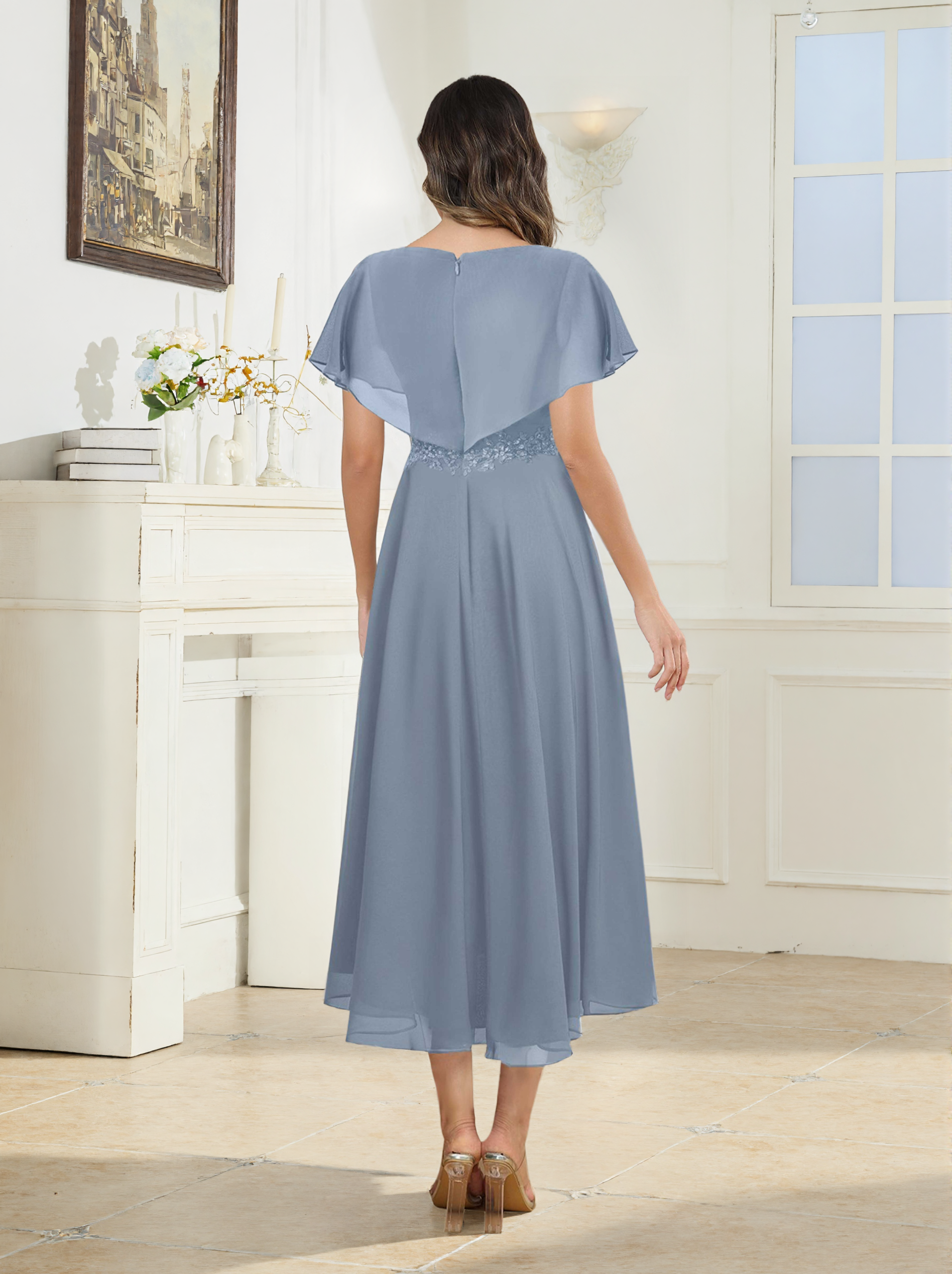 Draelithris Modest V Neck Appliques Tea Length Chiffon Mother of the Bride Dresses