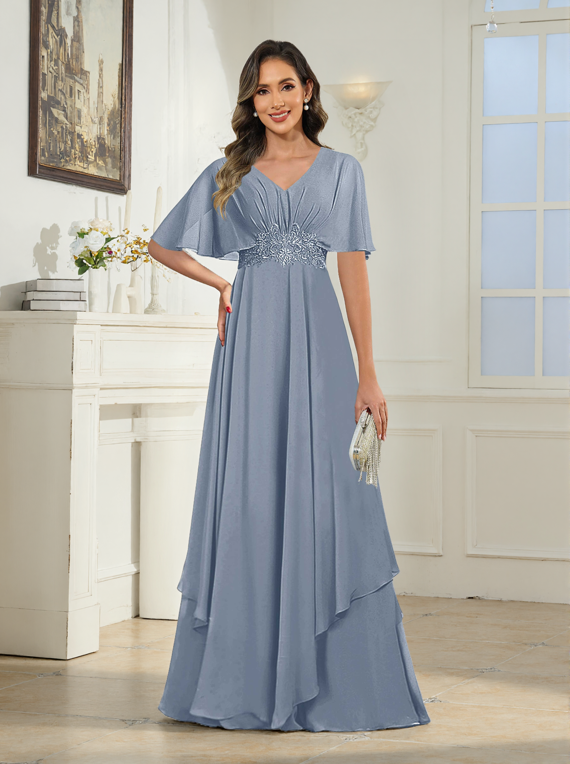 Elythris Charming A-Line Short Sleeves Appliques Long Chiffon Mother of the Bride & Groom Dresses