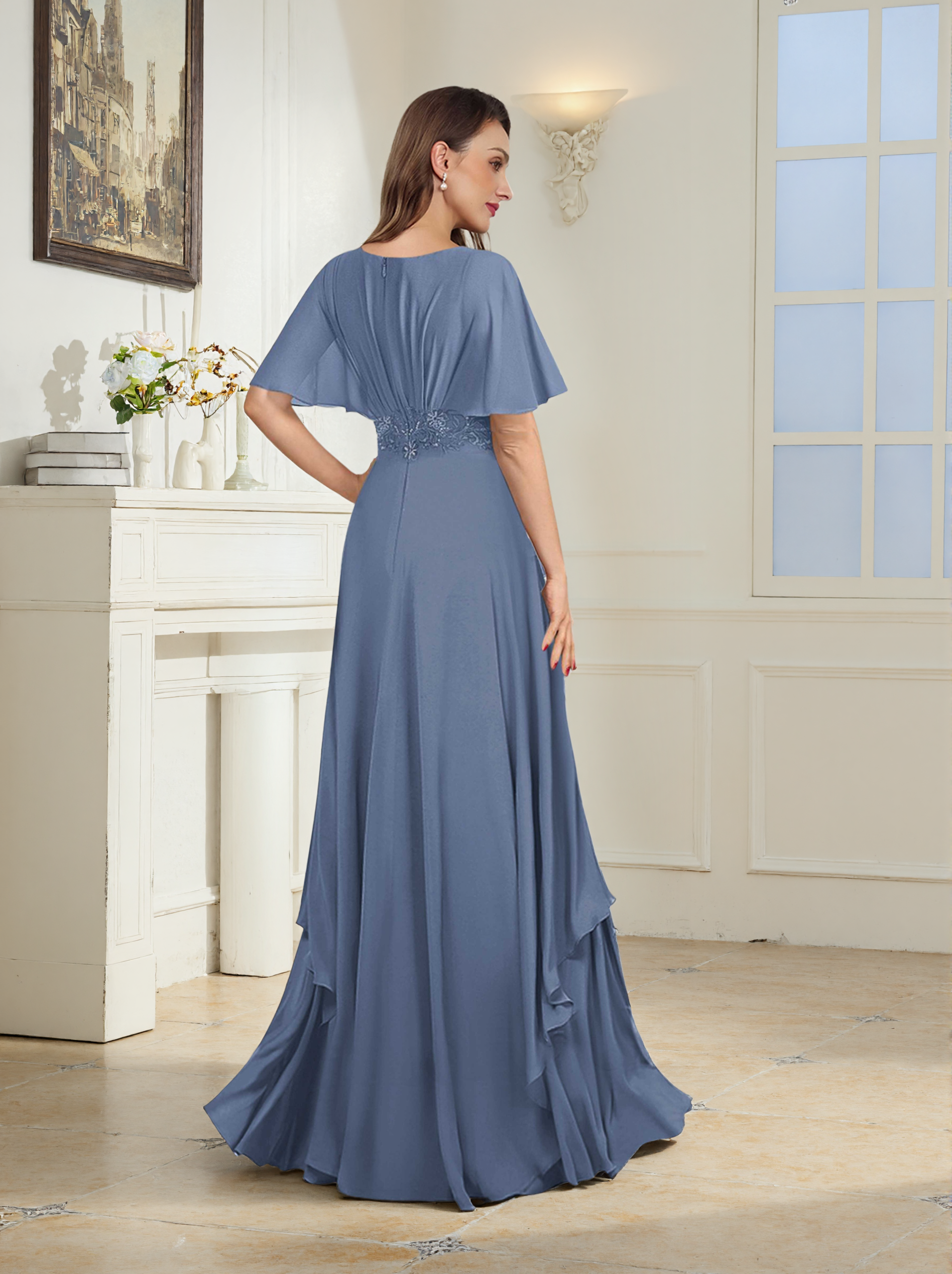 Elythris Charming A-Line Short Sleeves Appliques Long Chiffon Mother of the Bride & Groom Dresses
