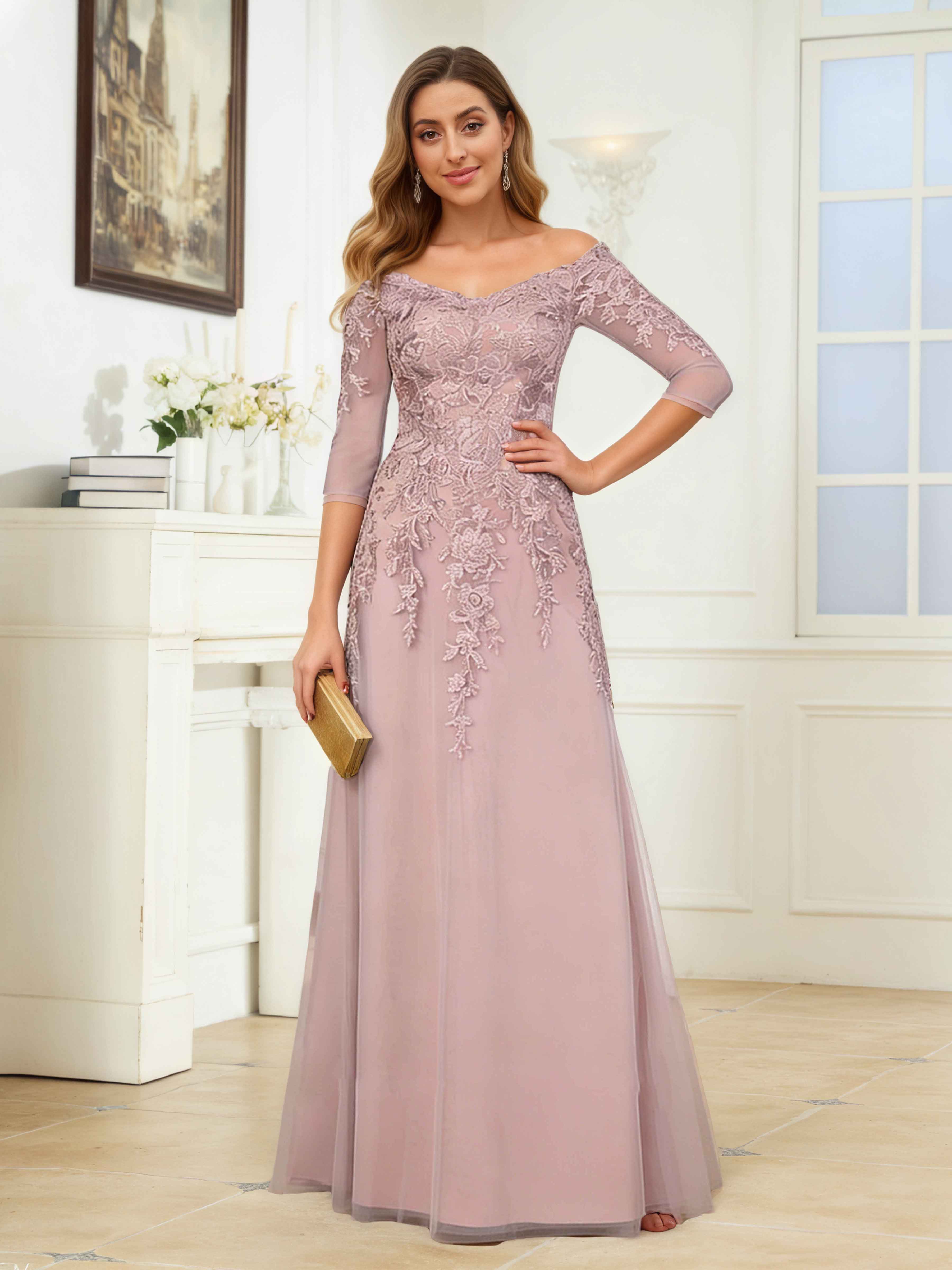 Mraelithris Graceful Off the Shoulder Lace Appliques Floor Length Chiffon Mother of the Bride Dresses