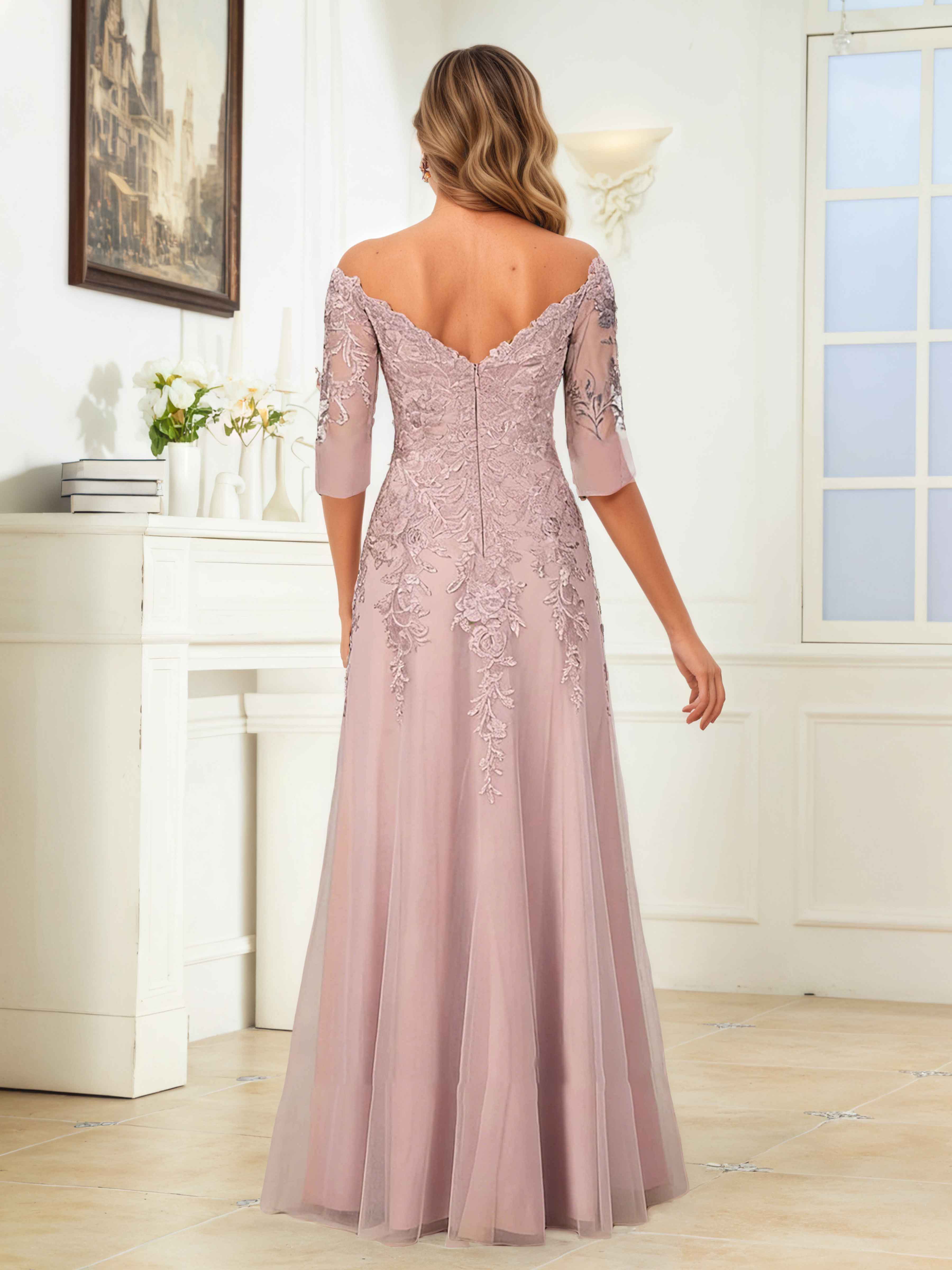Mraelithris Graceful Off the Shoulder Lace Appliques Floor Length Chiffon Mother of the Bride Dresses