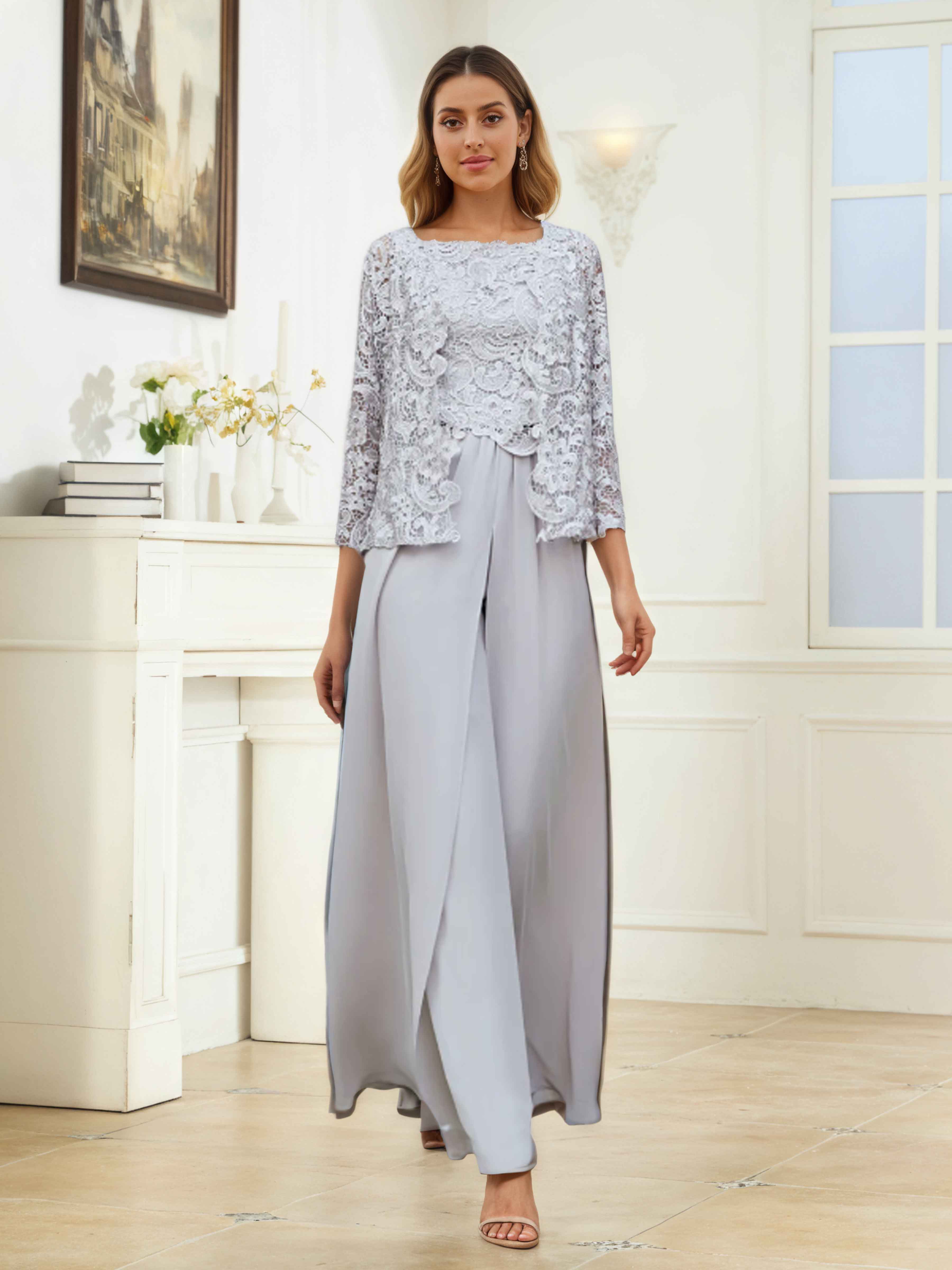 Caelithryn Three Pieces Lace Sequins Chiffon Mother of the Bride Pantsuit UK