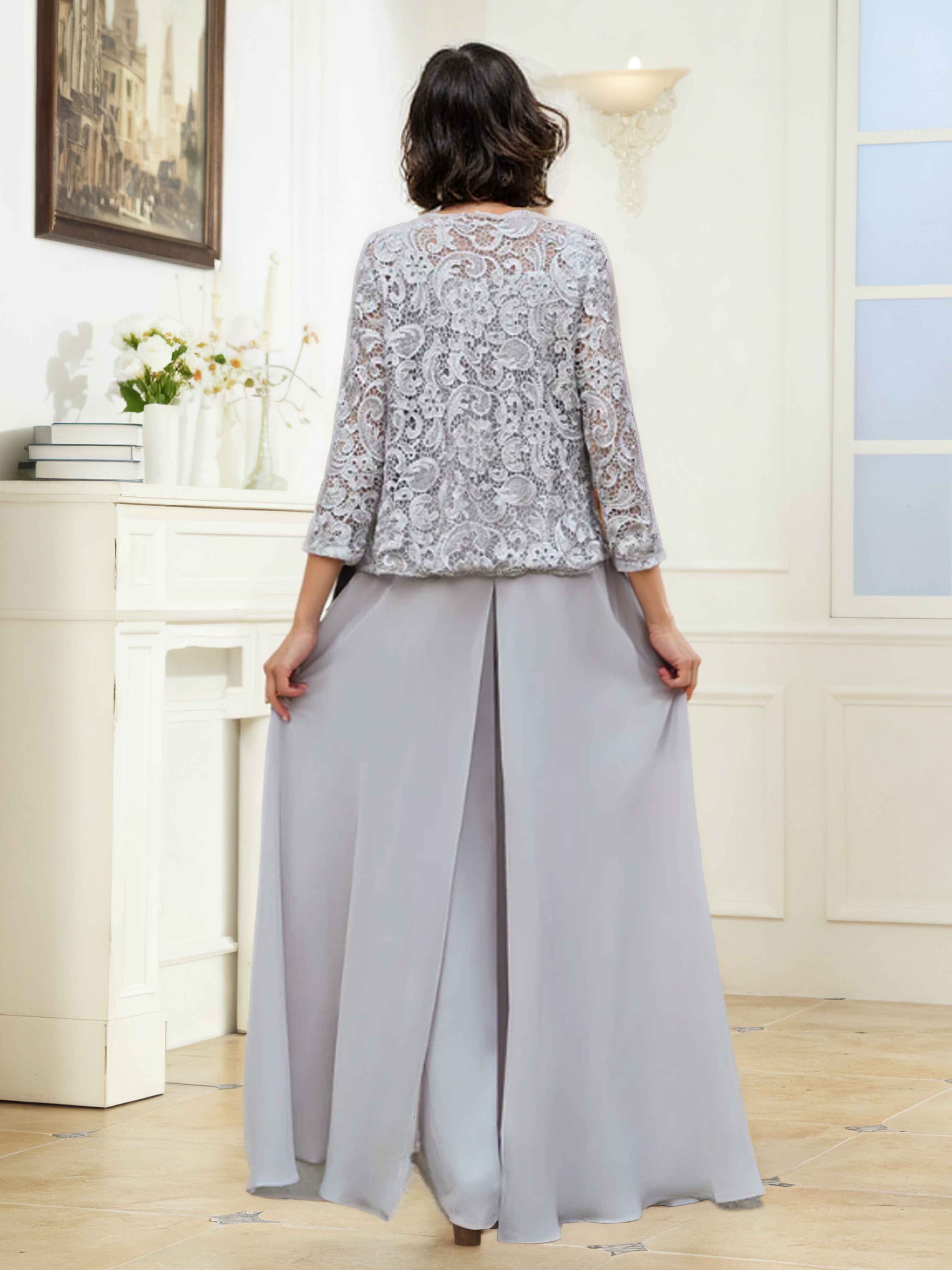 Caelithryn Three Pieces Lace Sequins Chiffon Mother of the Bride Pantsuit UK
