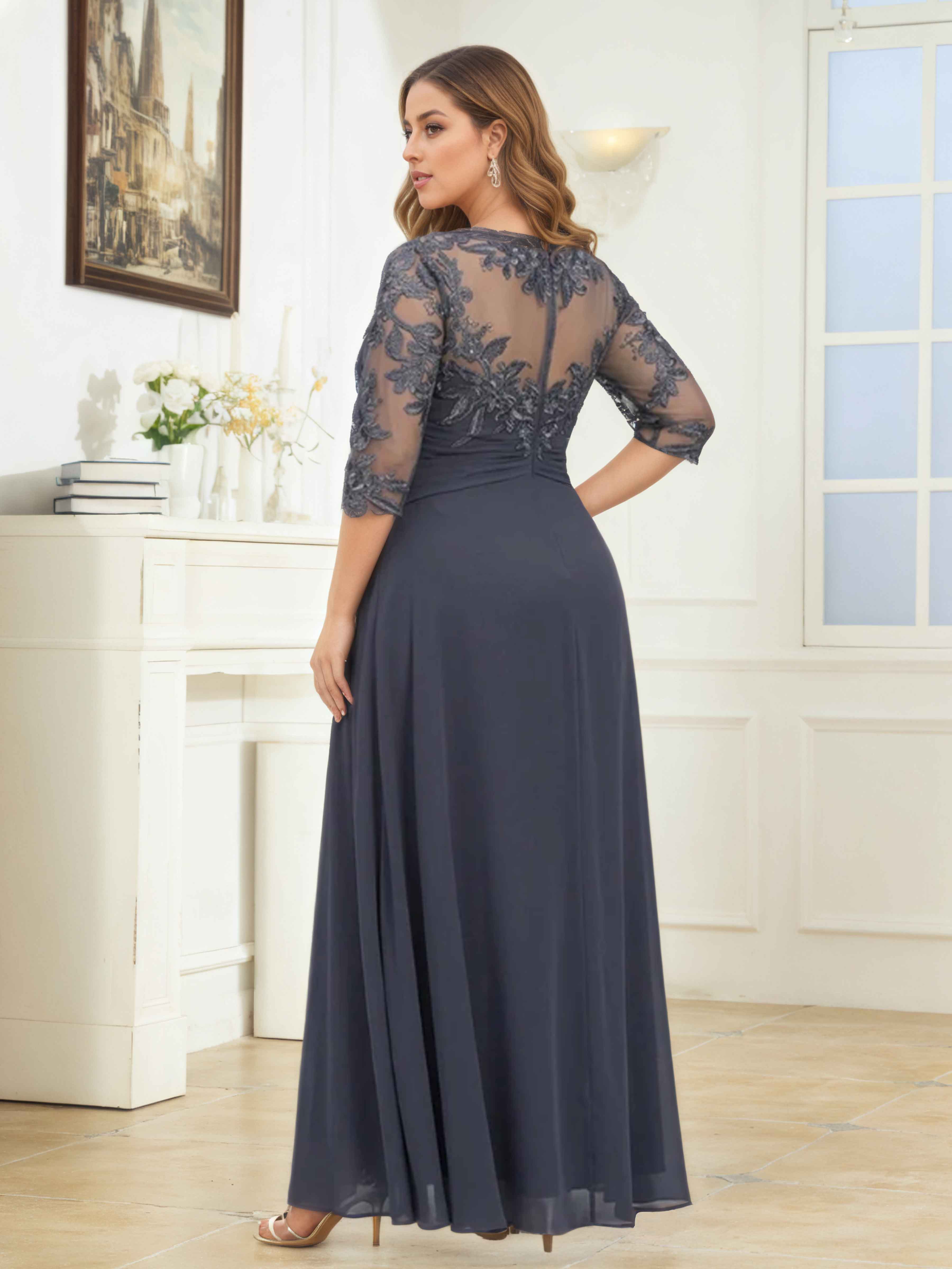 Draelithryn Illusion Appliques Ruched Long Chiffon Mother of the Bride Dresses UK