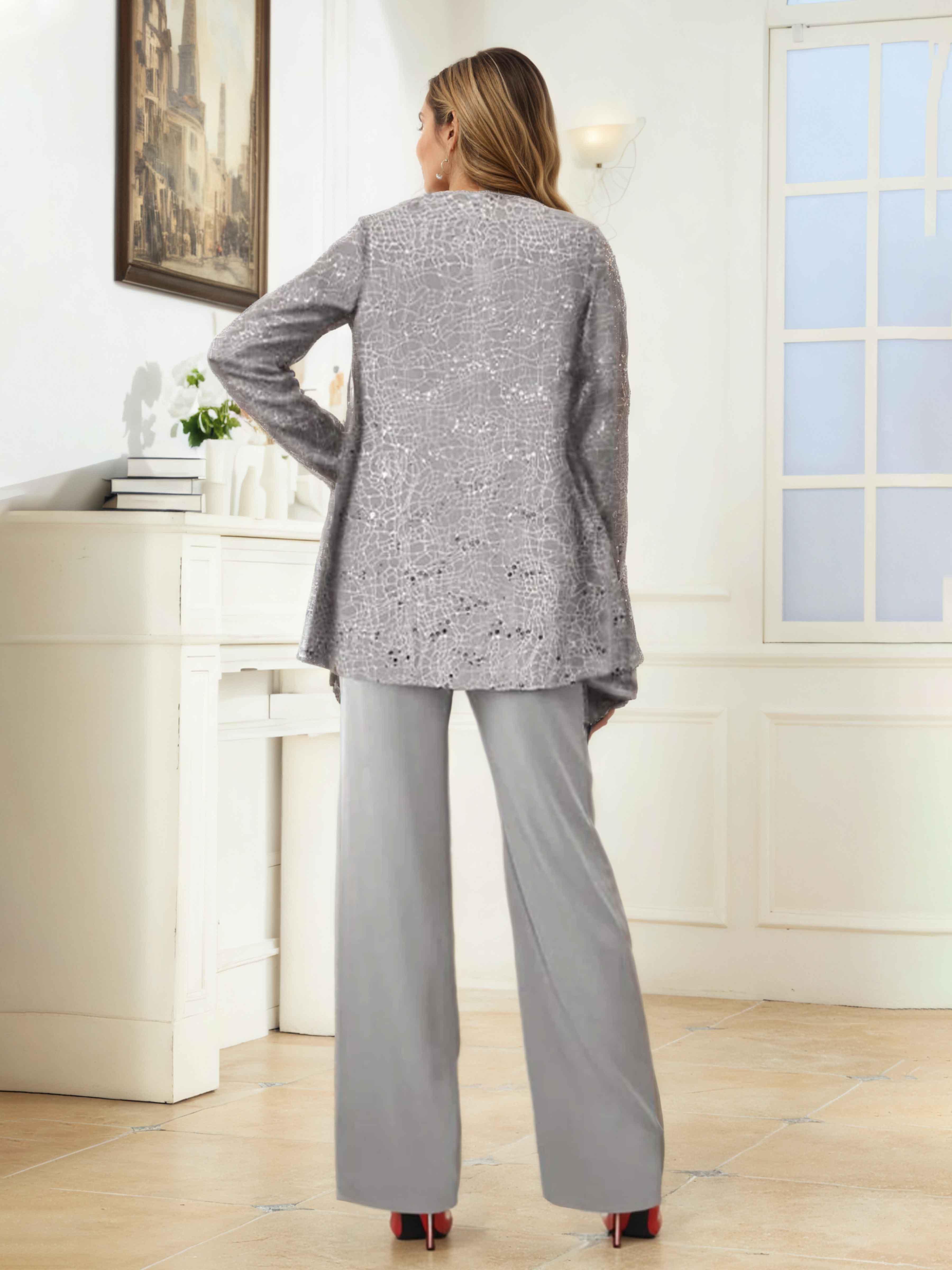 Iraelithryn Round Neck 3-Piece Mother of the Bride Pantsuit with Jacket UK