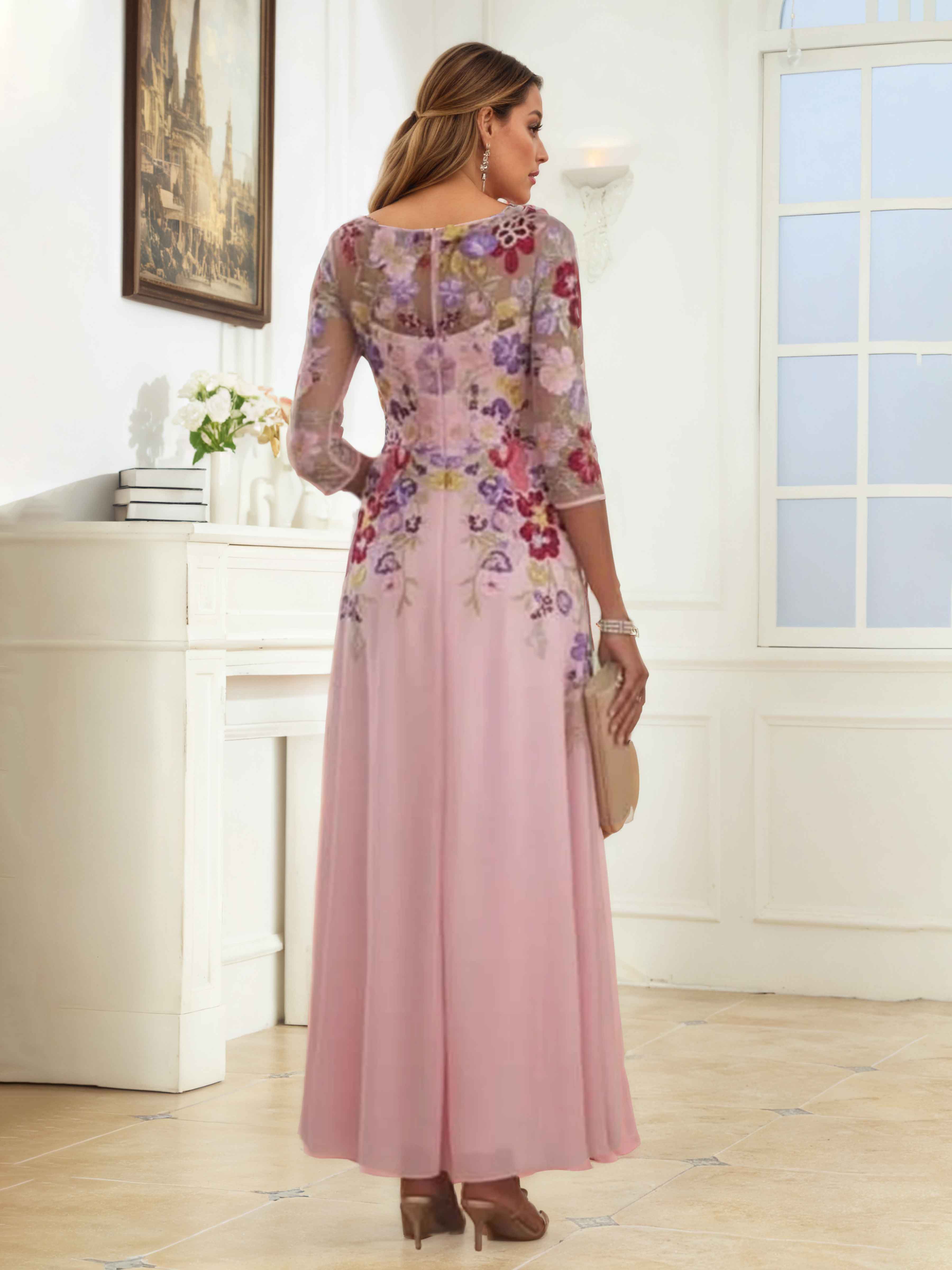 Kaelithryn Illusion Floral Lace Long Chiffon Mother of the Bride Dresses UK