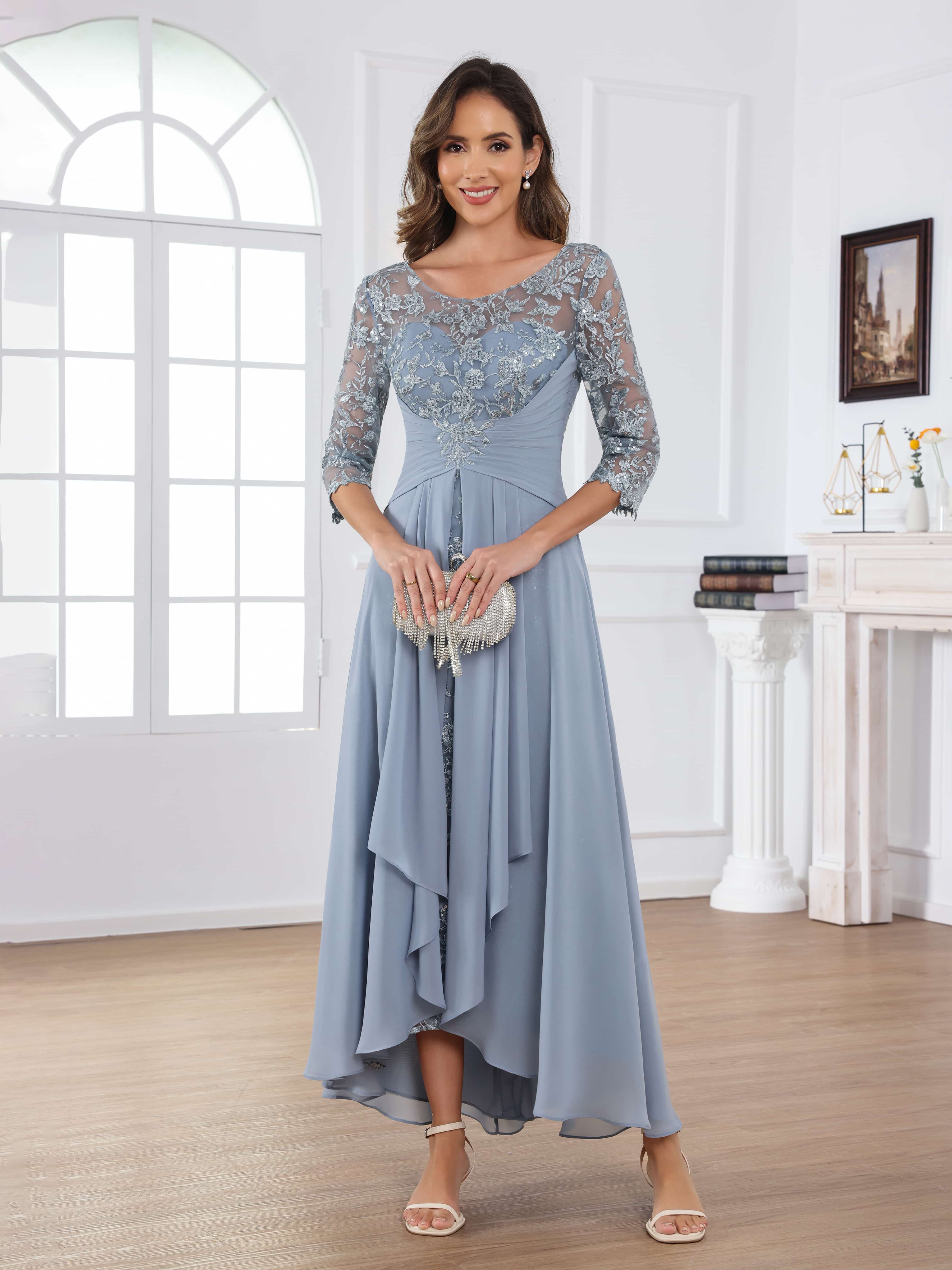 Praelithryn Sophisticated A-Line Illusion Appliques Ruched Long Mother of the Bride Dresses