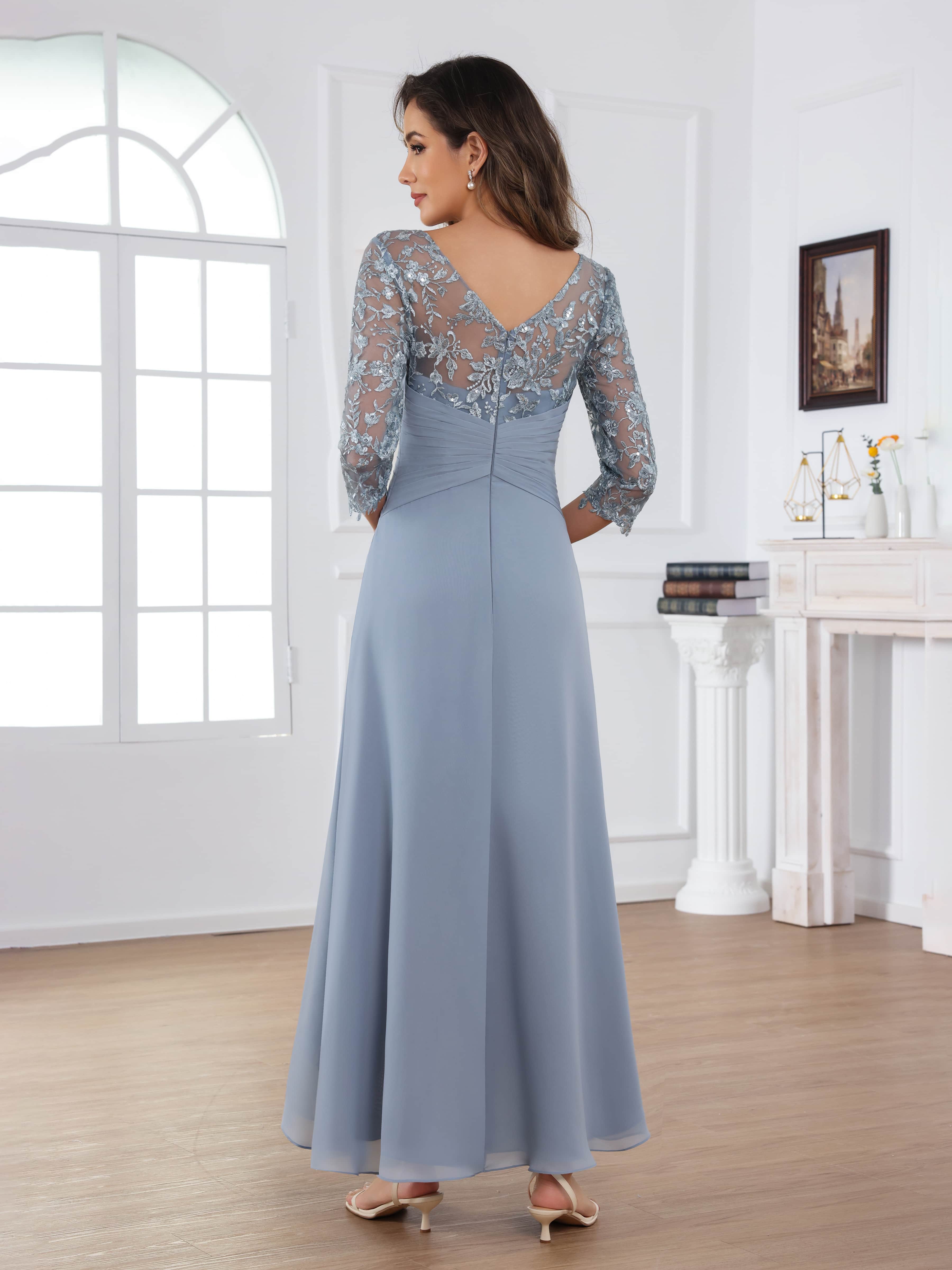 Praelithryn Sophisticated A-Line Illusion Appliques Ruched Long Mother of the Bride Dresses
