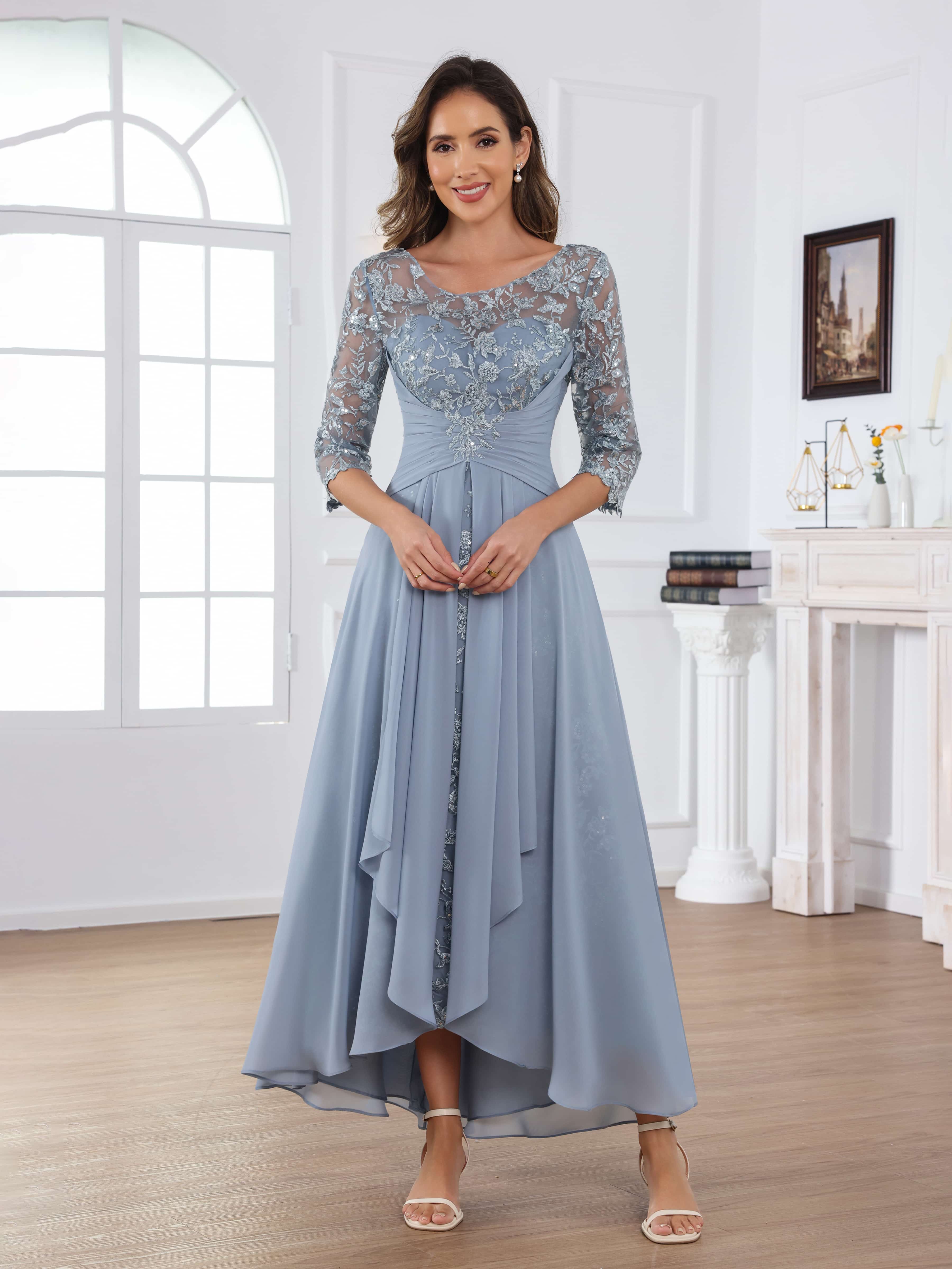 Praelithryn Sophisticated A-Line Illusion Appliques Ruched Long Mother of the Bride Dresses