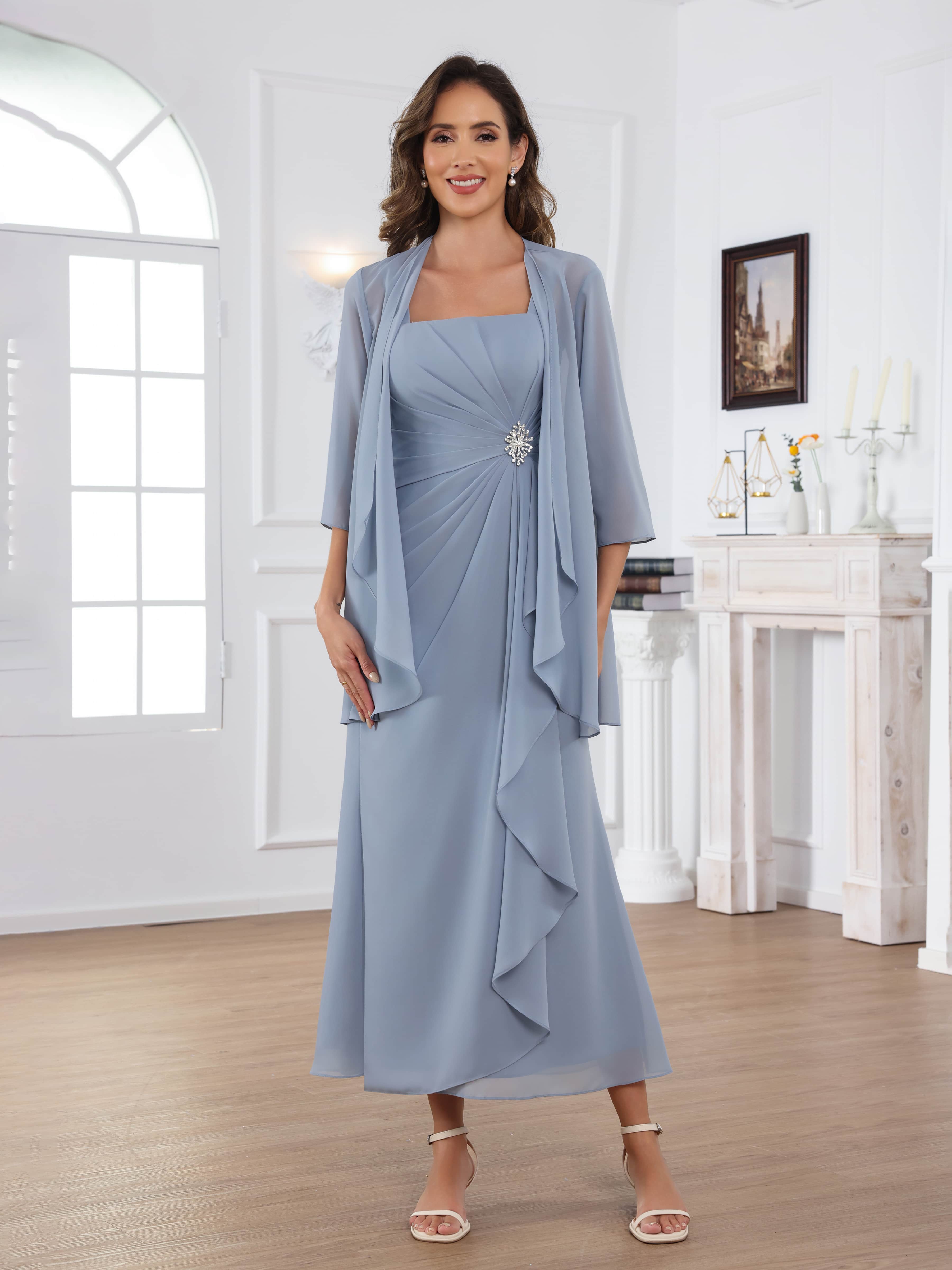 Raelithryn Modern A-Line Square Beading Ruched 2-Piece Midi Mother of the Bride Dresses