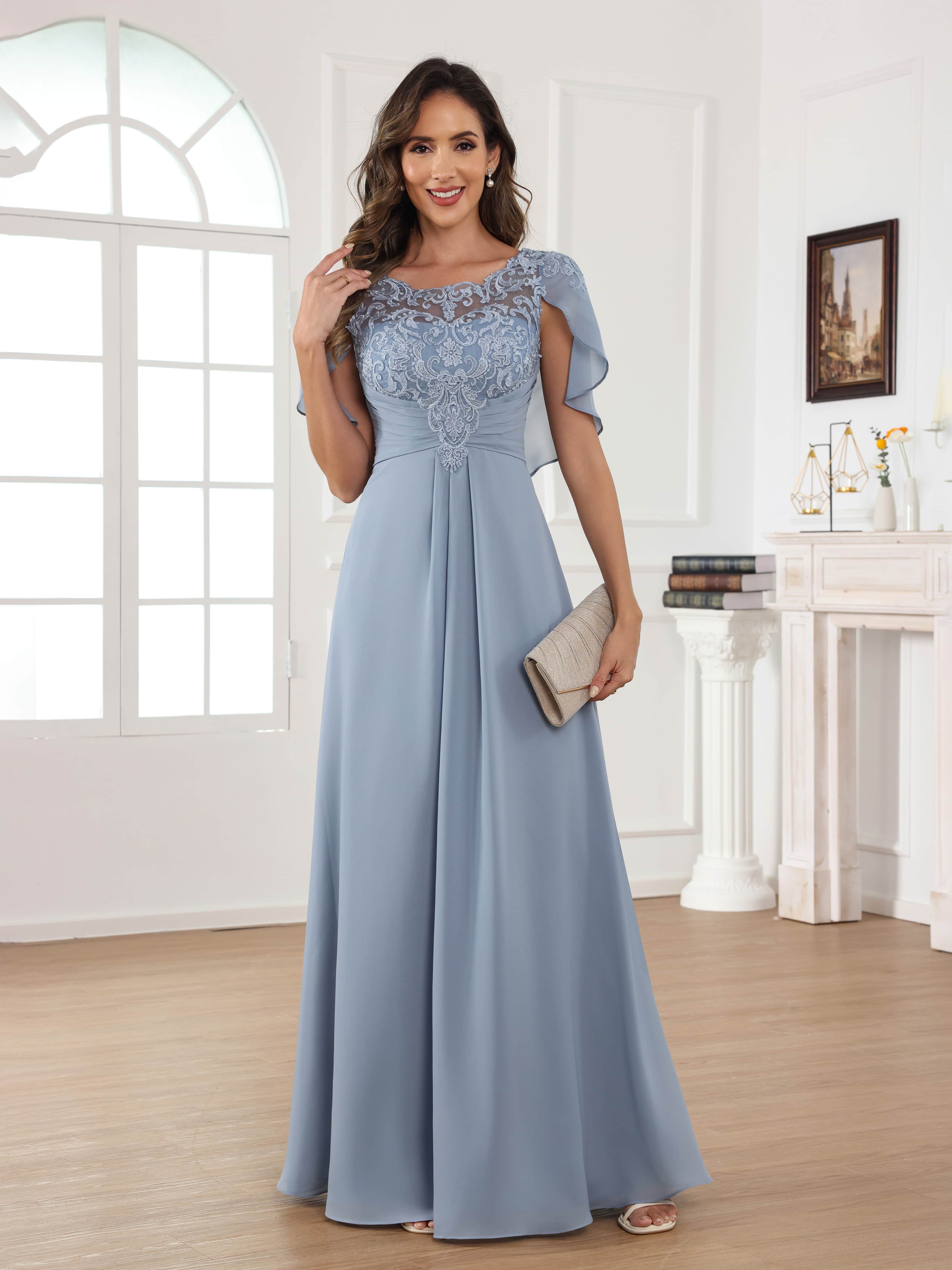 Aelithara Delicate A-Line Illusion Appliques Long Chiffon Mother of the Bride Dresses With Cape