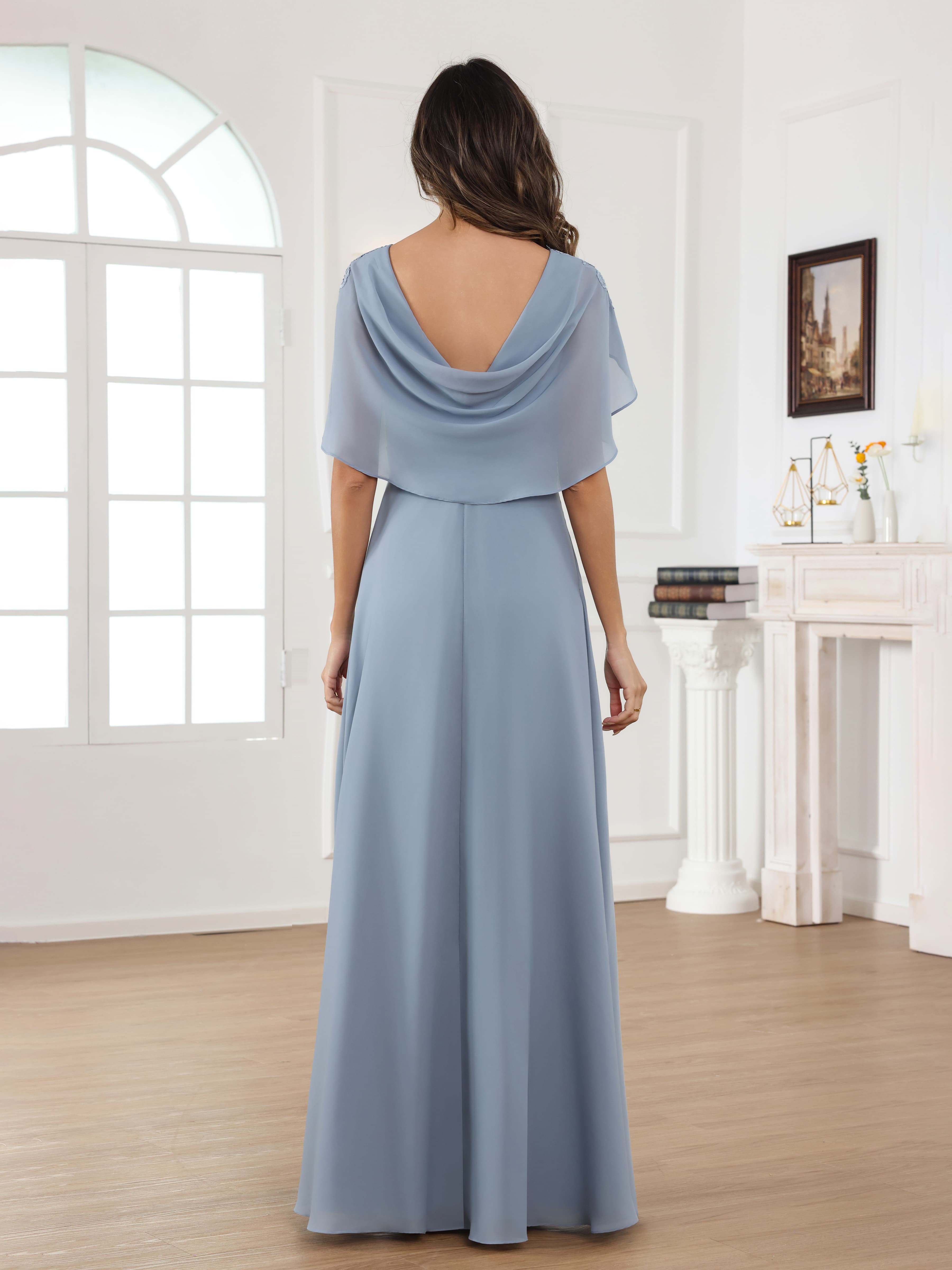 Aelithara Delicate A-Line Illusion Appliques Long Chiffon Mother of the Bride Dresses With Cape