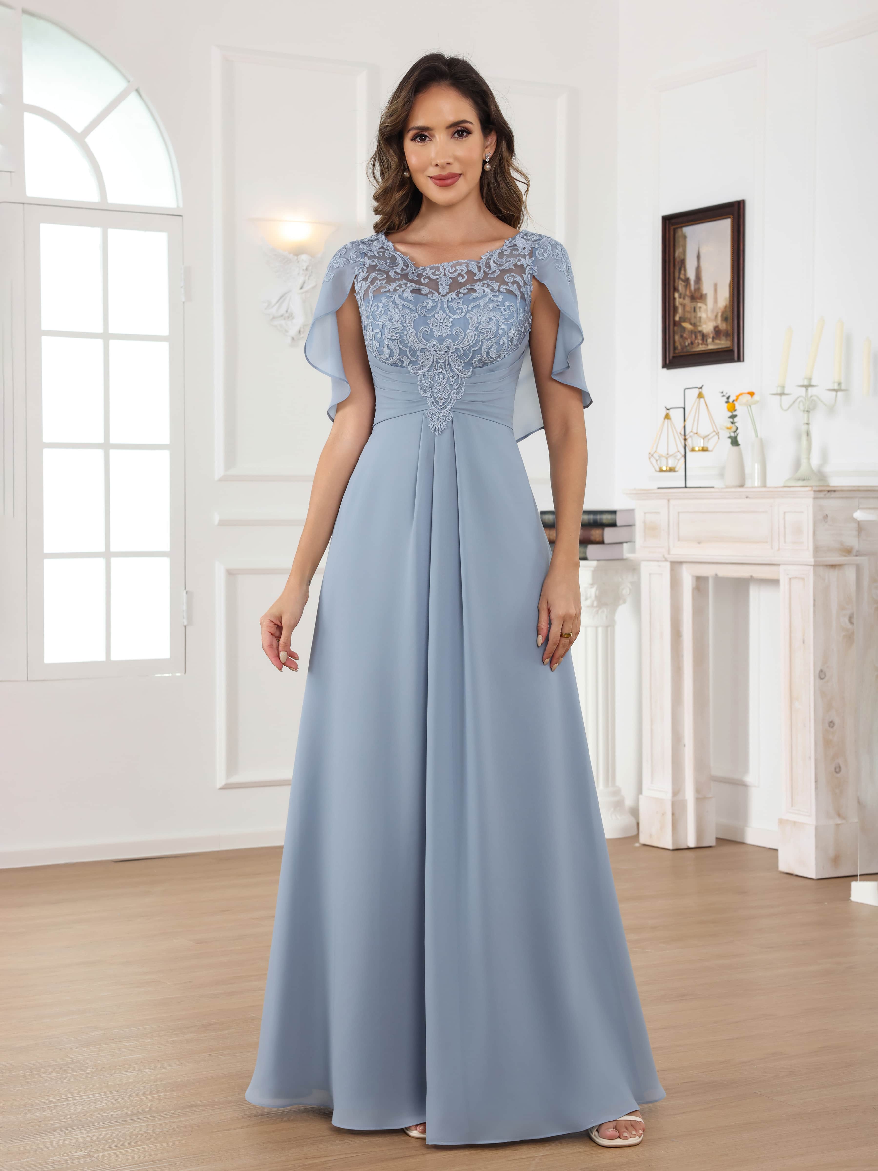 Aelithara Delicate A-Line Illusion Appliques Long Chiffon Mother of the Bride Dresses With Cape