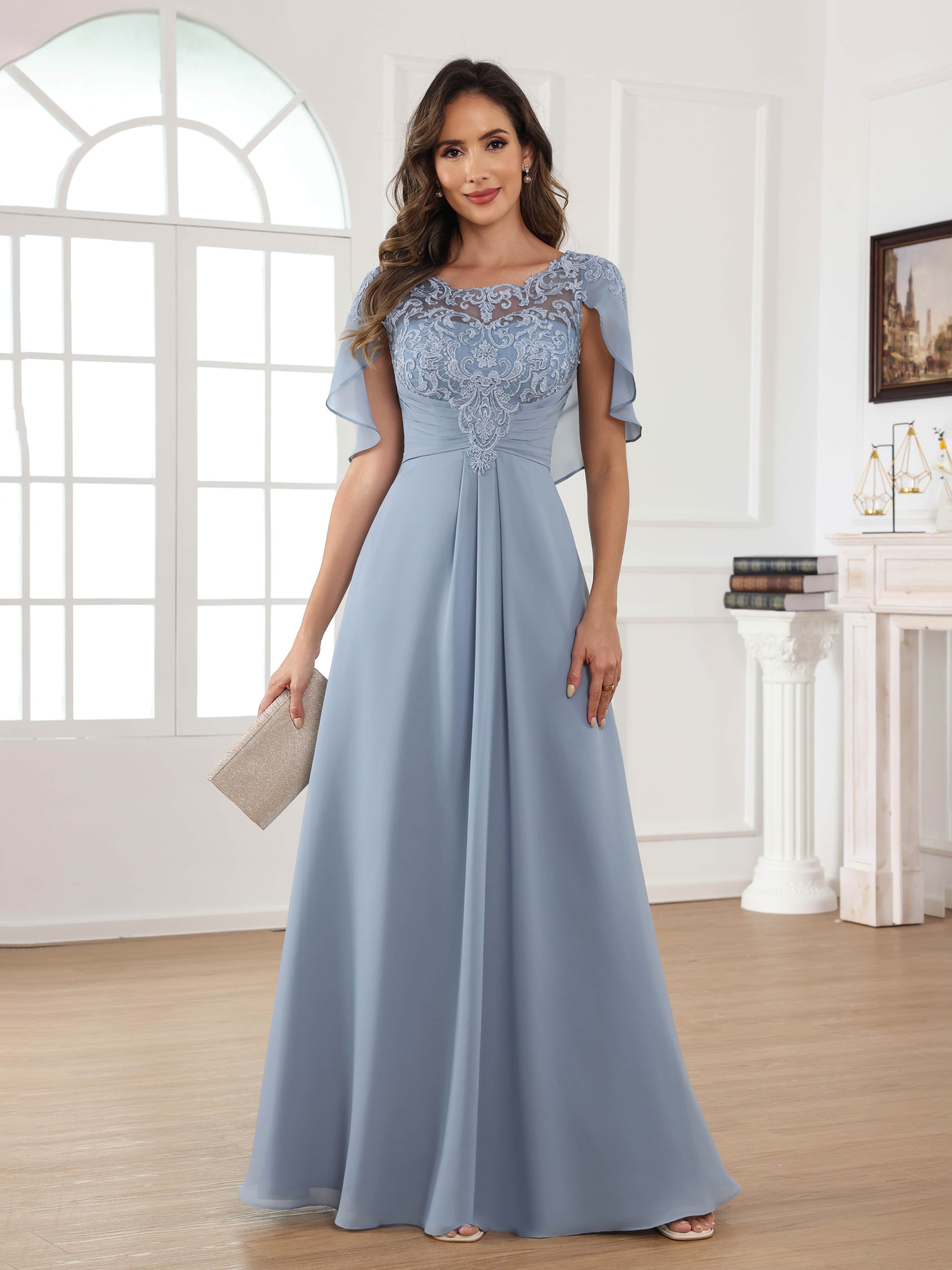 Aelithara Delicate A-Line Illusion Appliques Long Chiffon Mother of the Bride Dresses With Cape