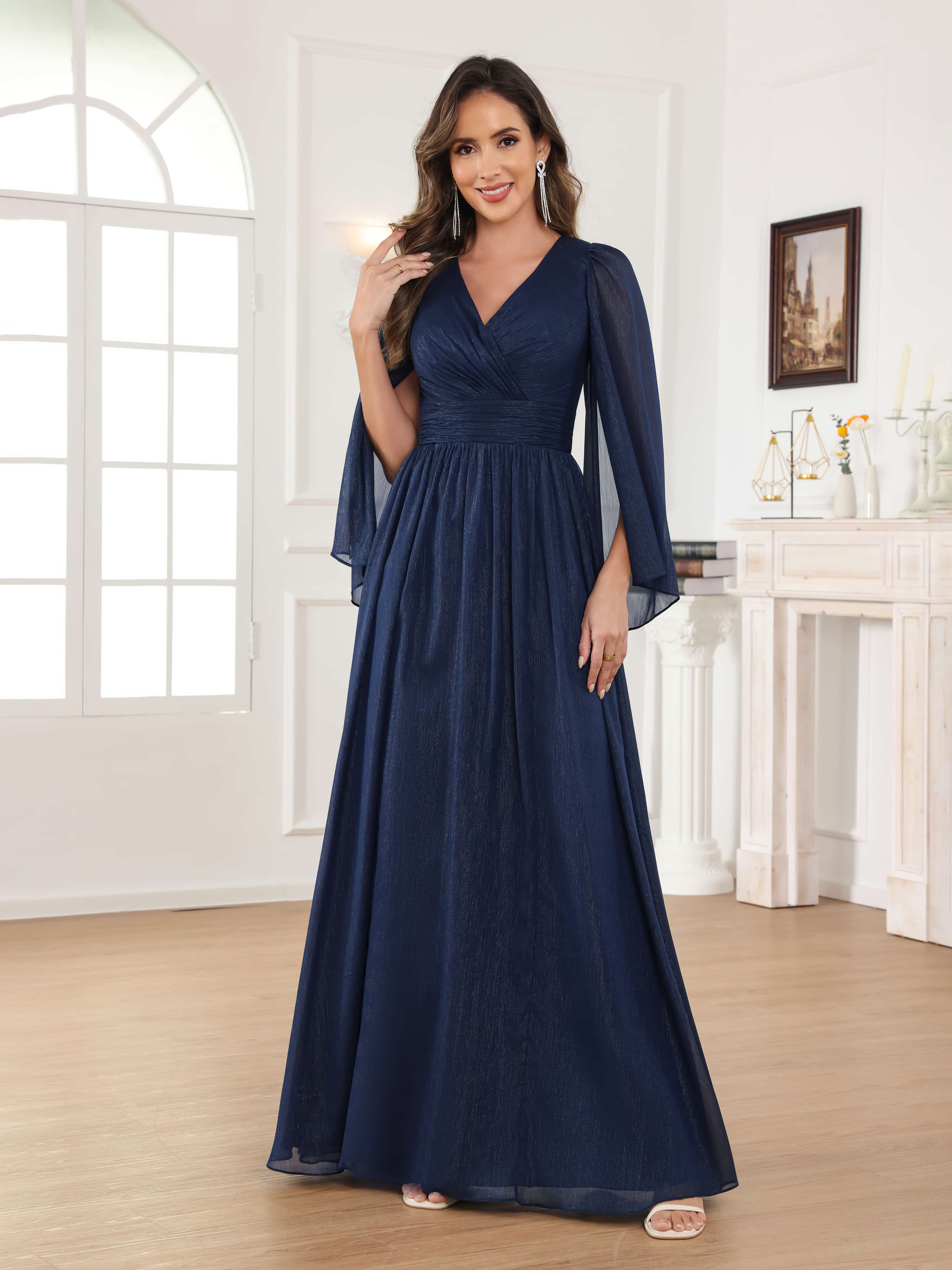 Caelithara Stylish A-Line Ruched V Neck Floor Length Mother of the Bride Dresses
