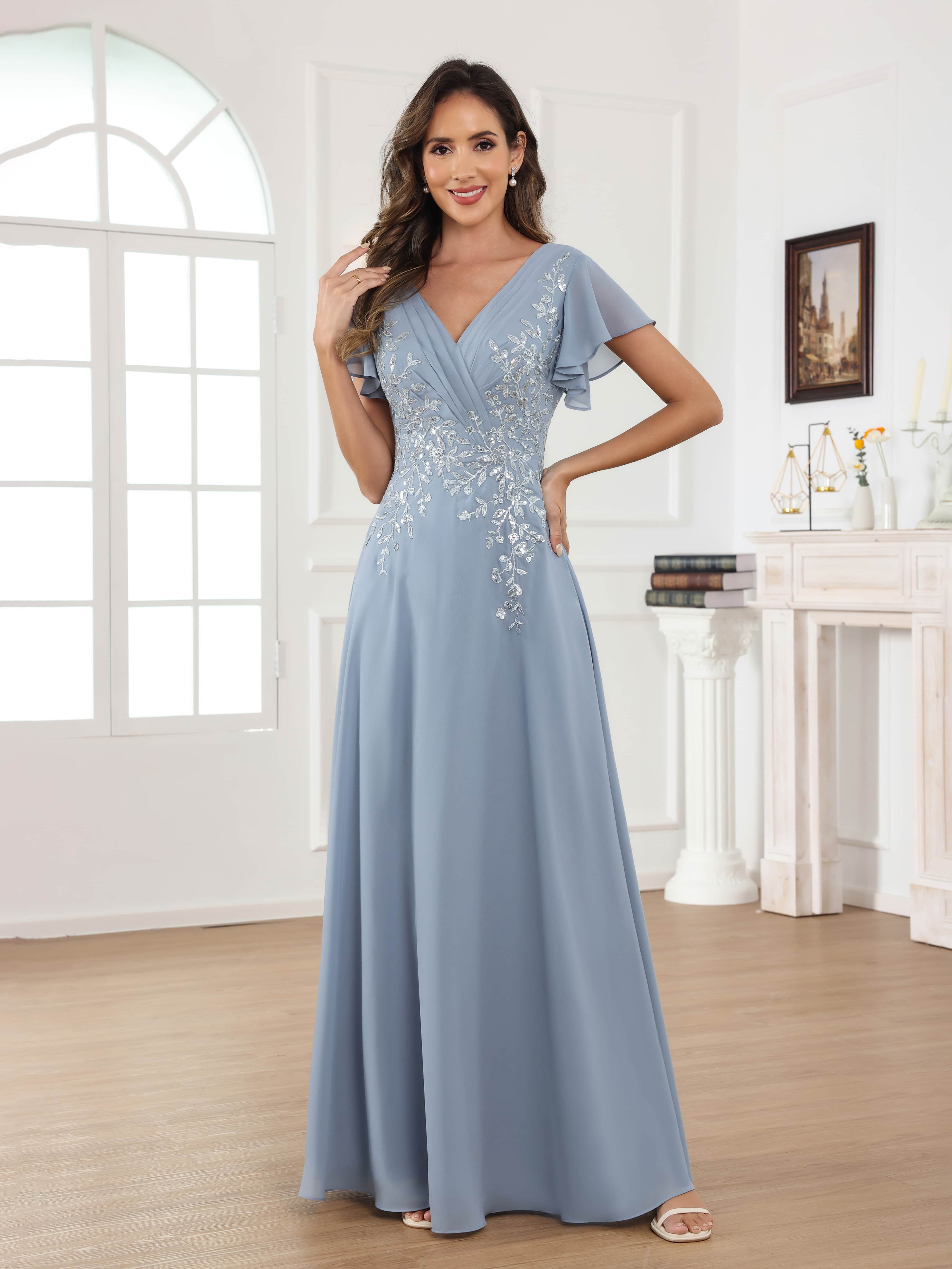 Fraelithara Charming A-Line V Neck Sequins Lace Long Mother of the Bride Dresses