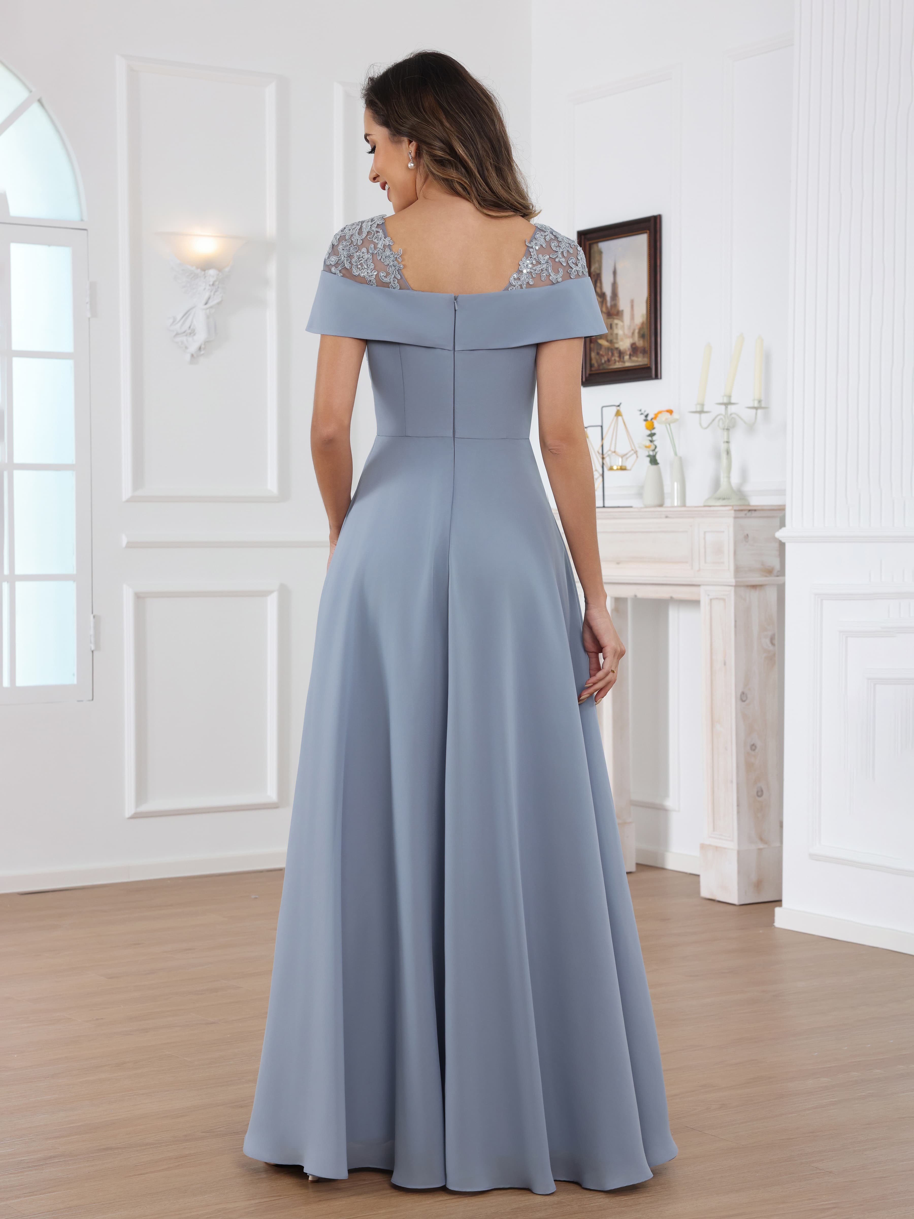 Kaelithara Dreamy A-Line Off the Shoulder Lace Long Chiffon Mother of the Bride Dresses