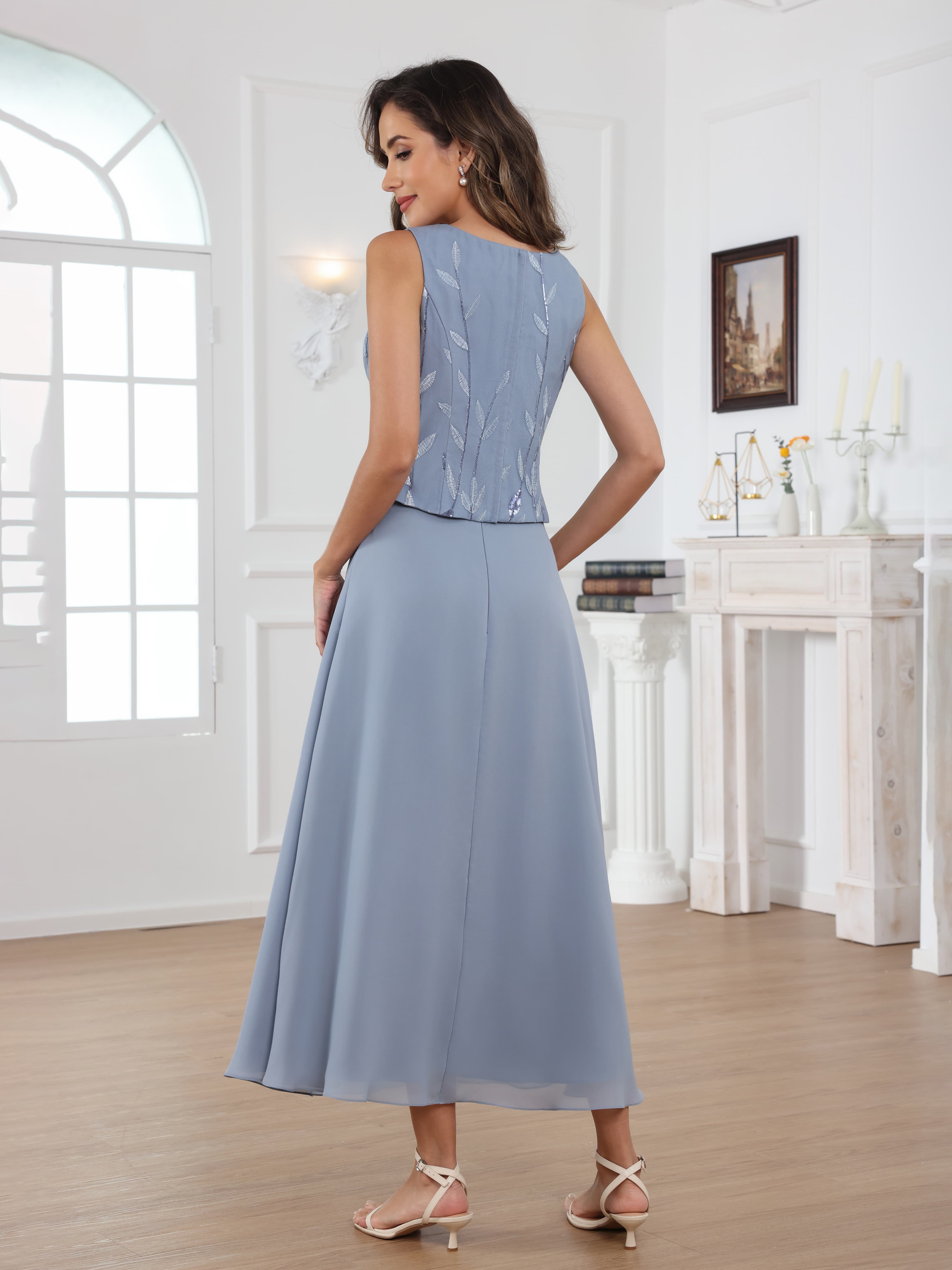 Laelithara Enchanting A-Line 3 Pieces Leaf Sequins Chiffon Maxi Mother of the Bride Dresses